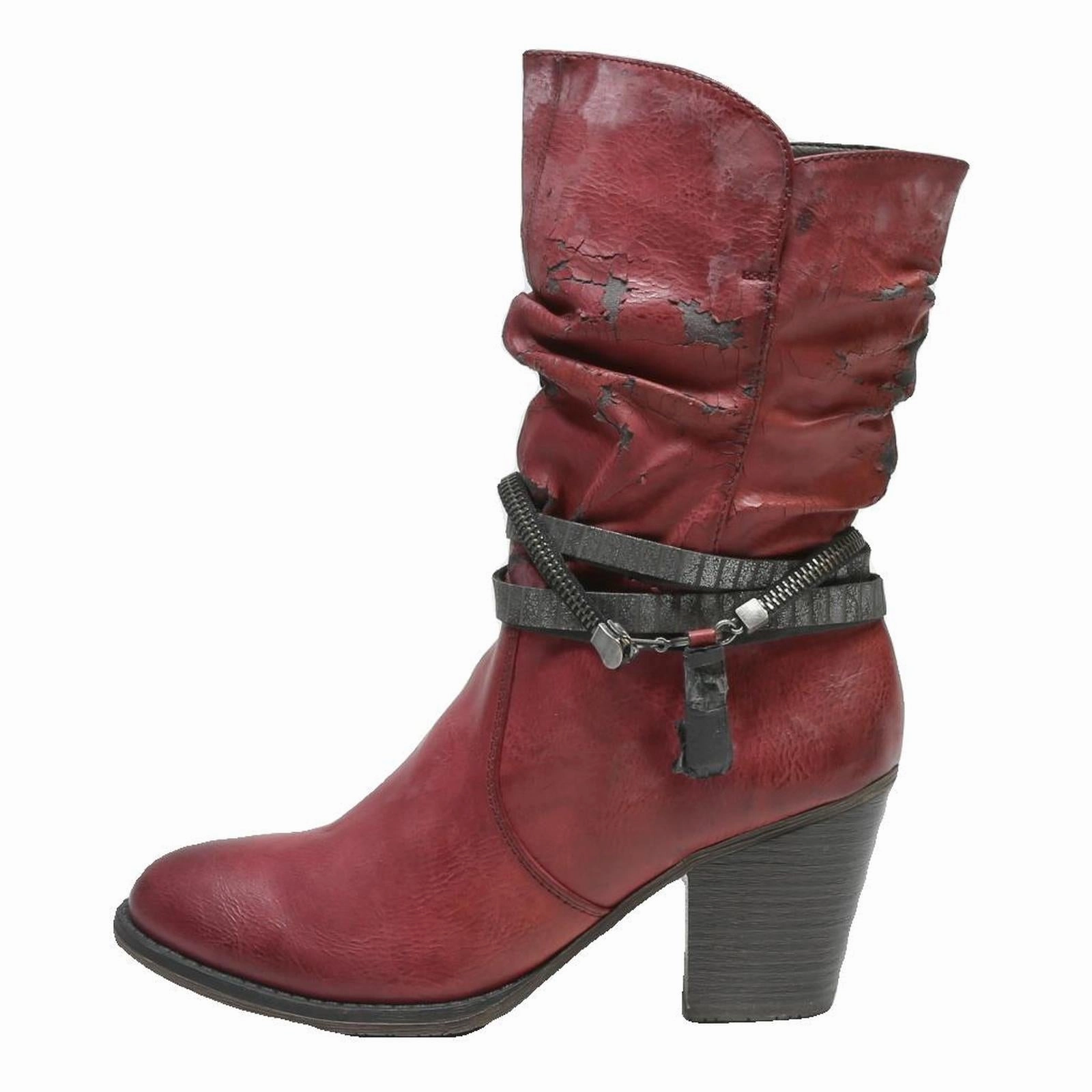 RIEKER Womens Mid Heel Ankle Boots Red Leather UK 5 Casual Fashion Mountain Horse Tall Boots