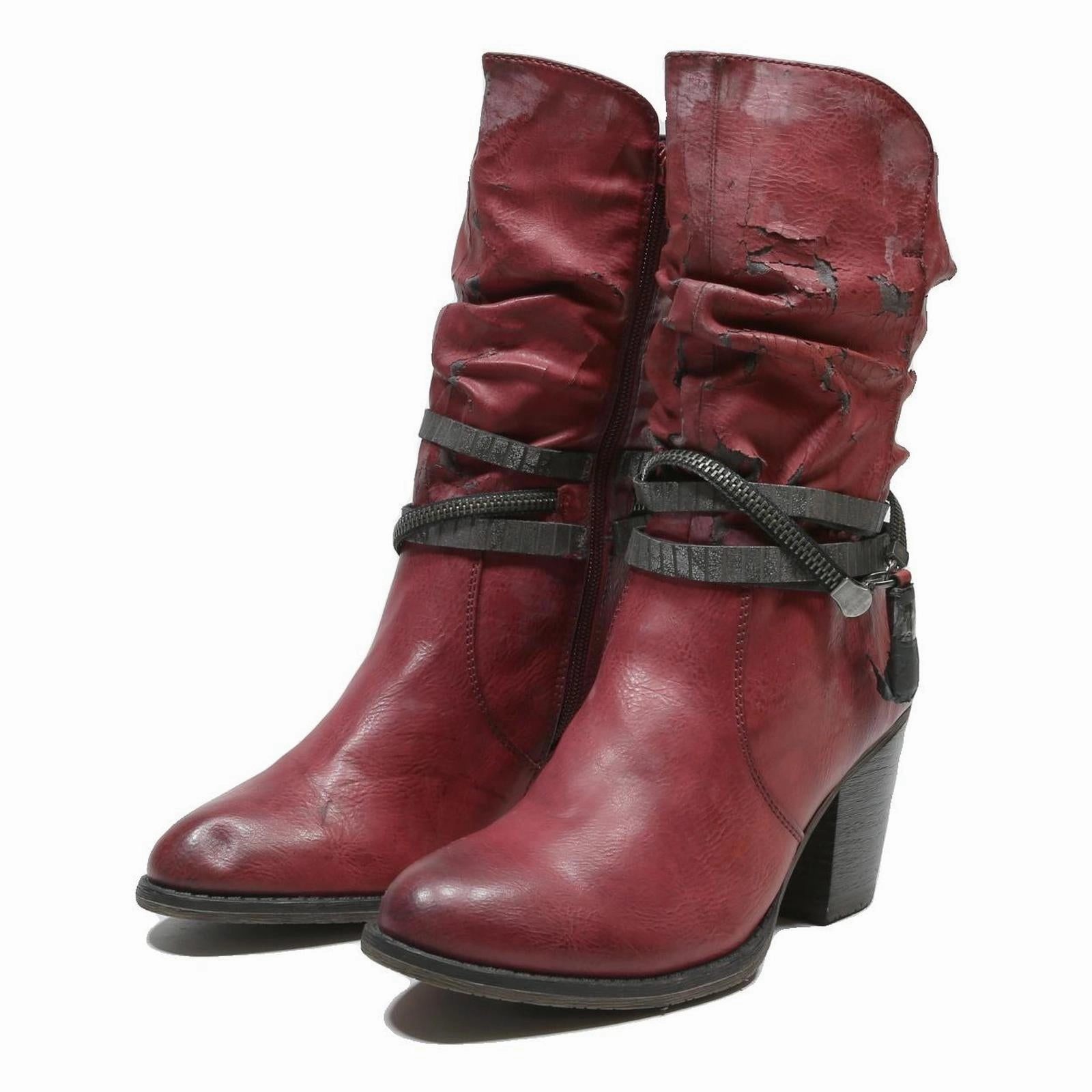 RIEKER Womens Mid Heel Ankle Boots Red Leather UK 5 Casual Fashion Brown And White Cowgirl Boots