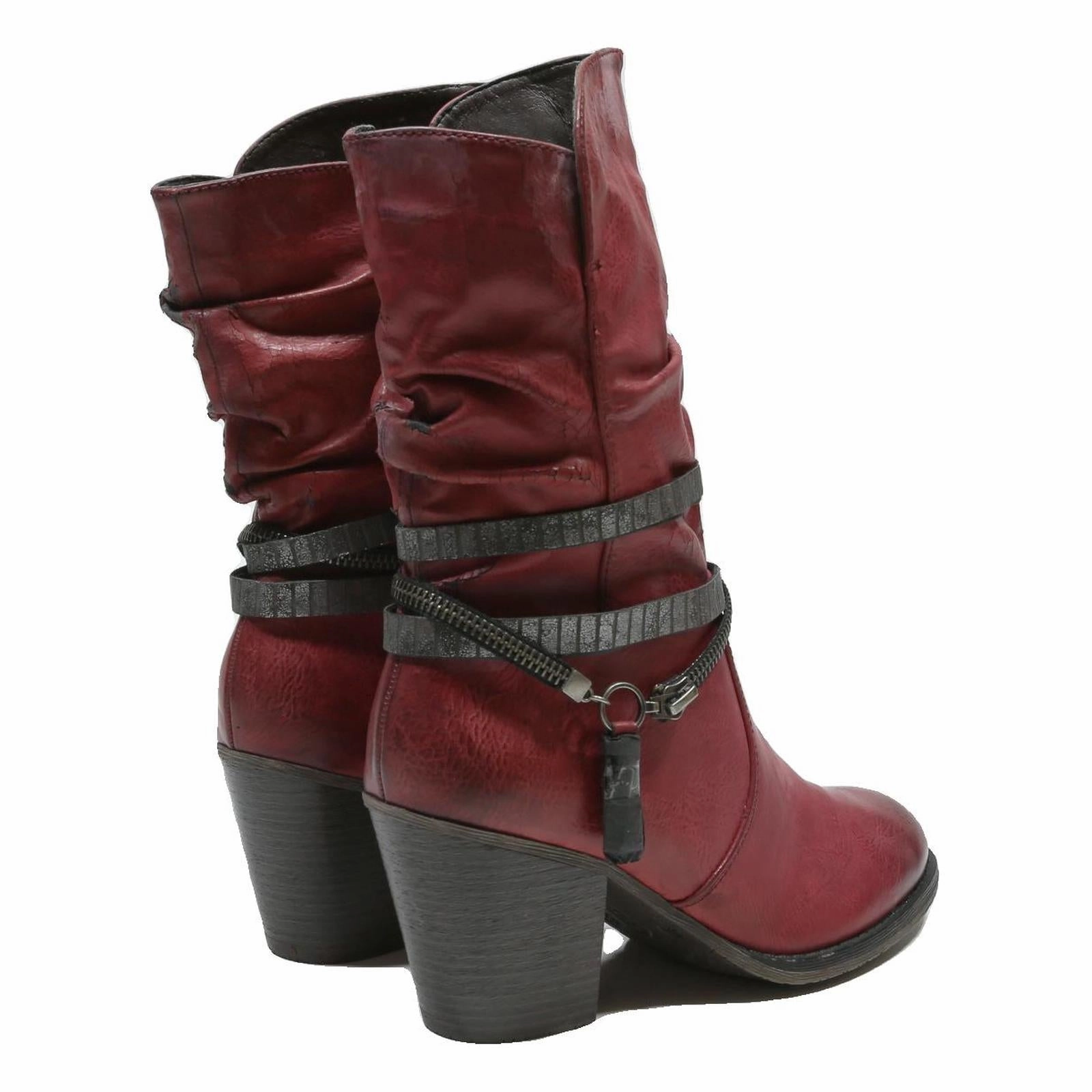 RIEKER Womens Mid Heel Ankle Boots Red Leather UK 5 Casual Fashion High Cowboy Boots