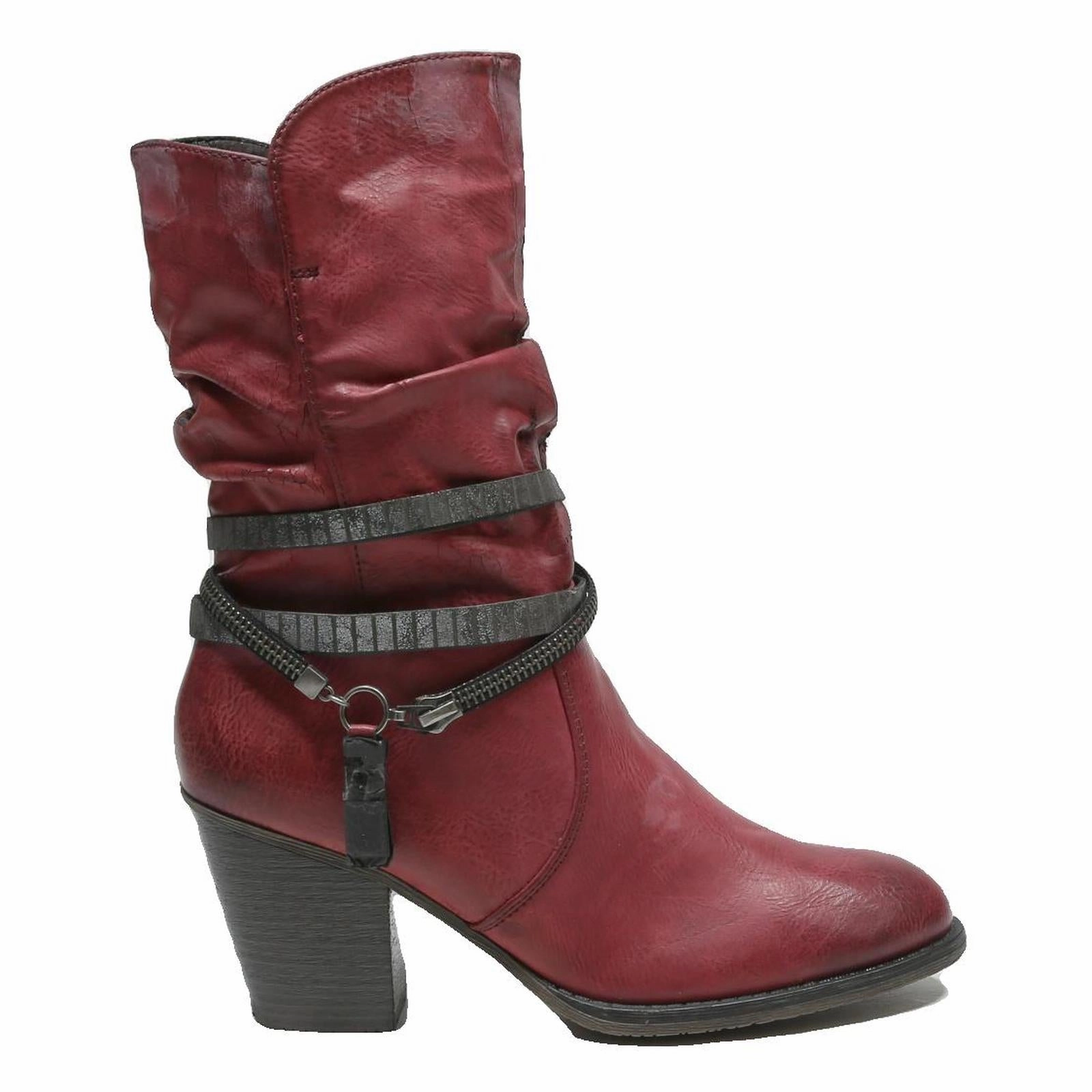 RIEKER Womens Mid Heel Ankle Boots Red Leather UK 5 Casual Fashion Wide Calf Dress Boots