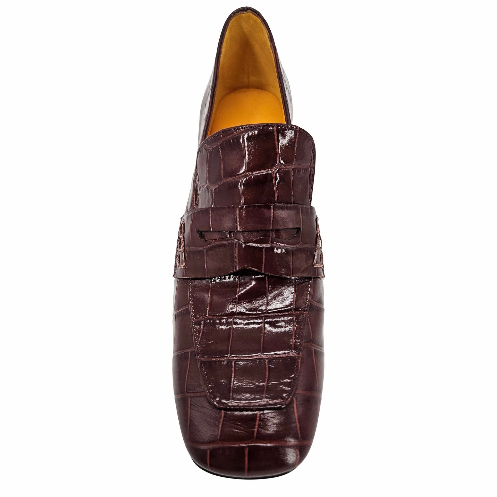 Chocolate Leather Heel Moc Croc Leather Loafer Hi-gloss Oxfords