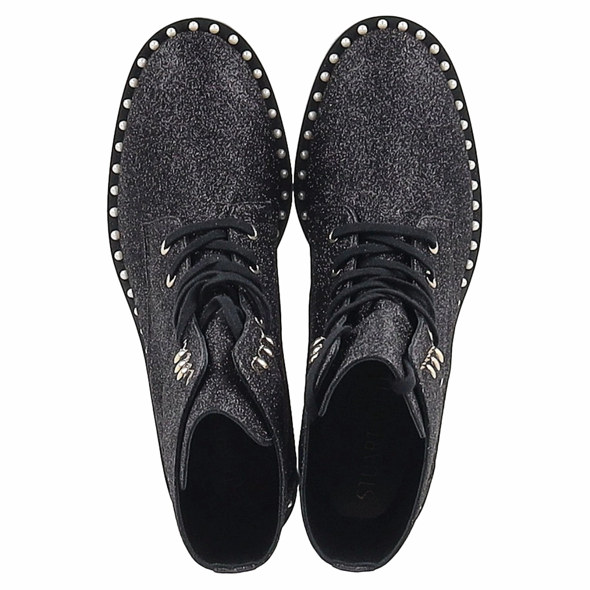 Designer Combat Boots Stuart Weitzman Sondra Pearl-Embellished Combat Boots in Black Glitter