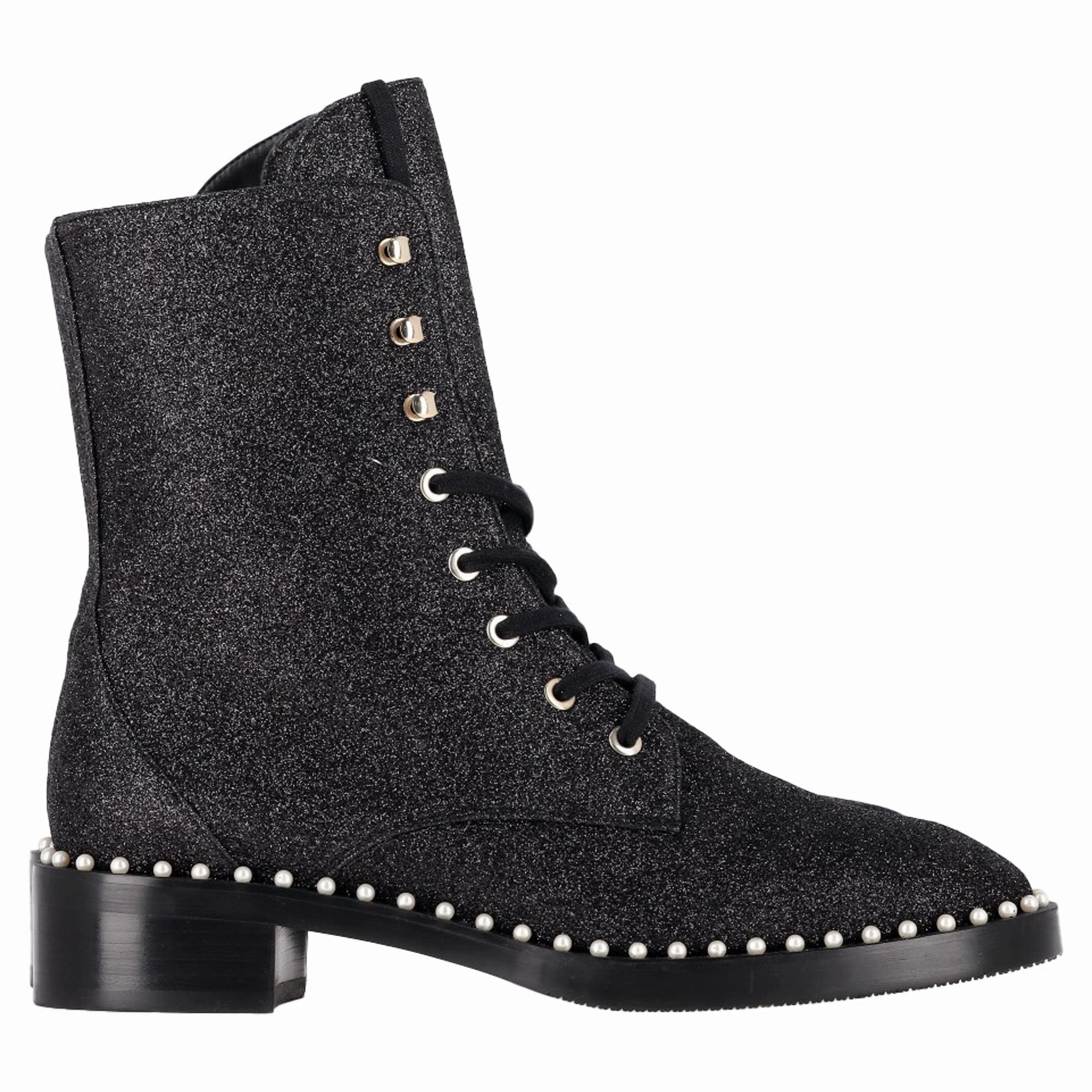 Combat Boots Zipper Side Stuart Weitzman Sondra Pearl-Embellished Combat Boots in Black Glitter