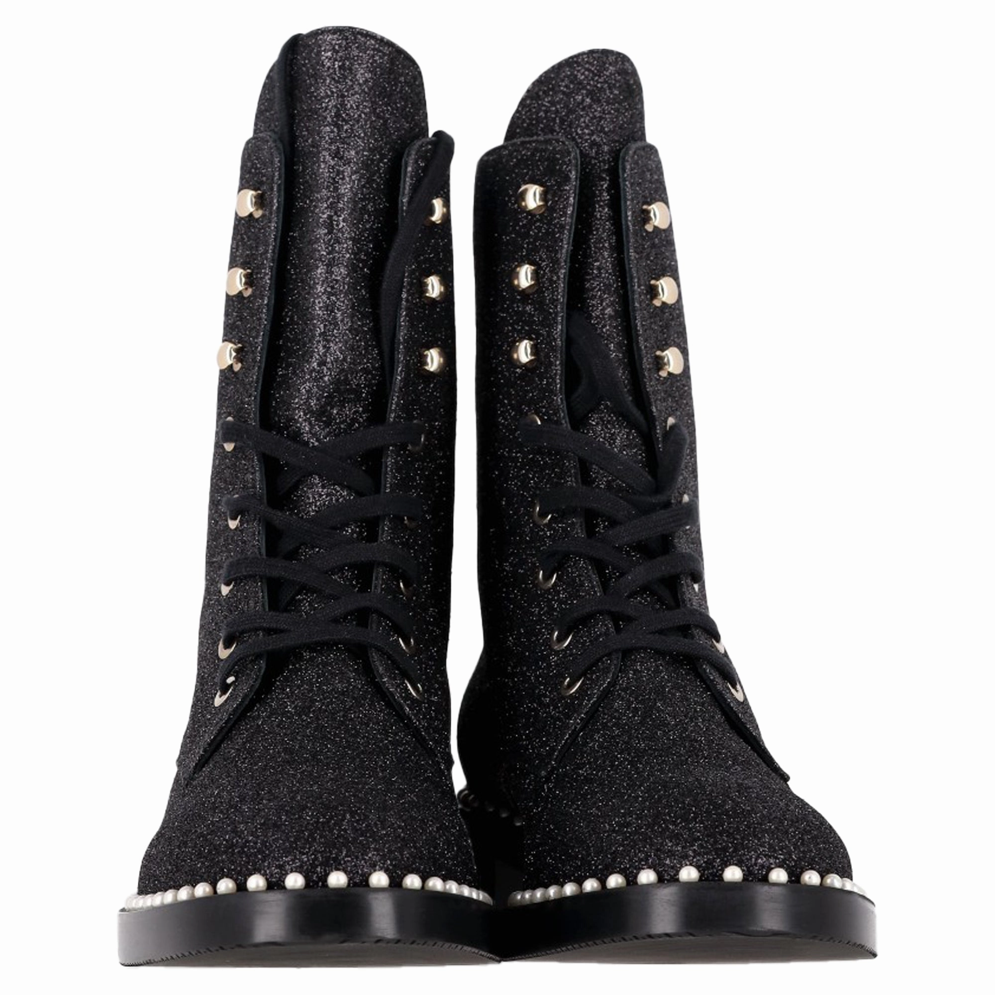 Stuart Weitzman Sondra Pearl-Embellished Combat Boots in Black Glitter Mix No. 6 Combat Boot