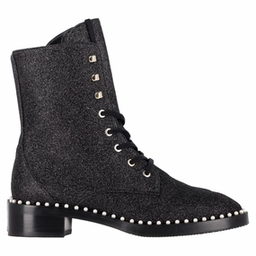 Stuart Weitzman Sondra Pearl-Embellished Combat Boots in Black Glitter Combat Boots Leggings