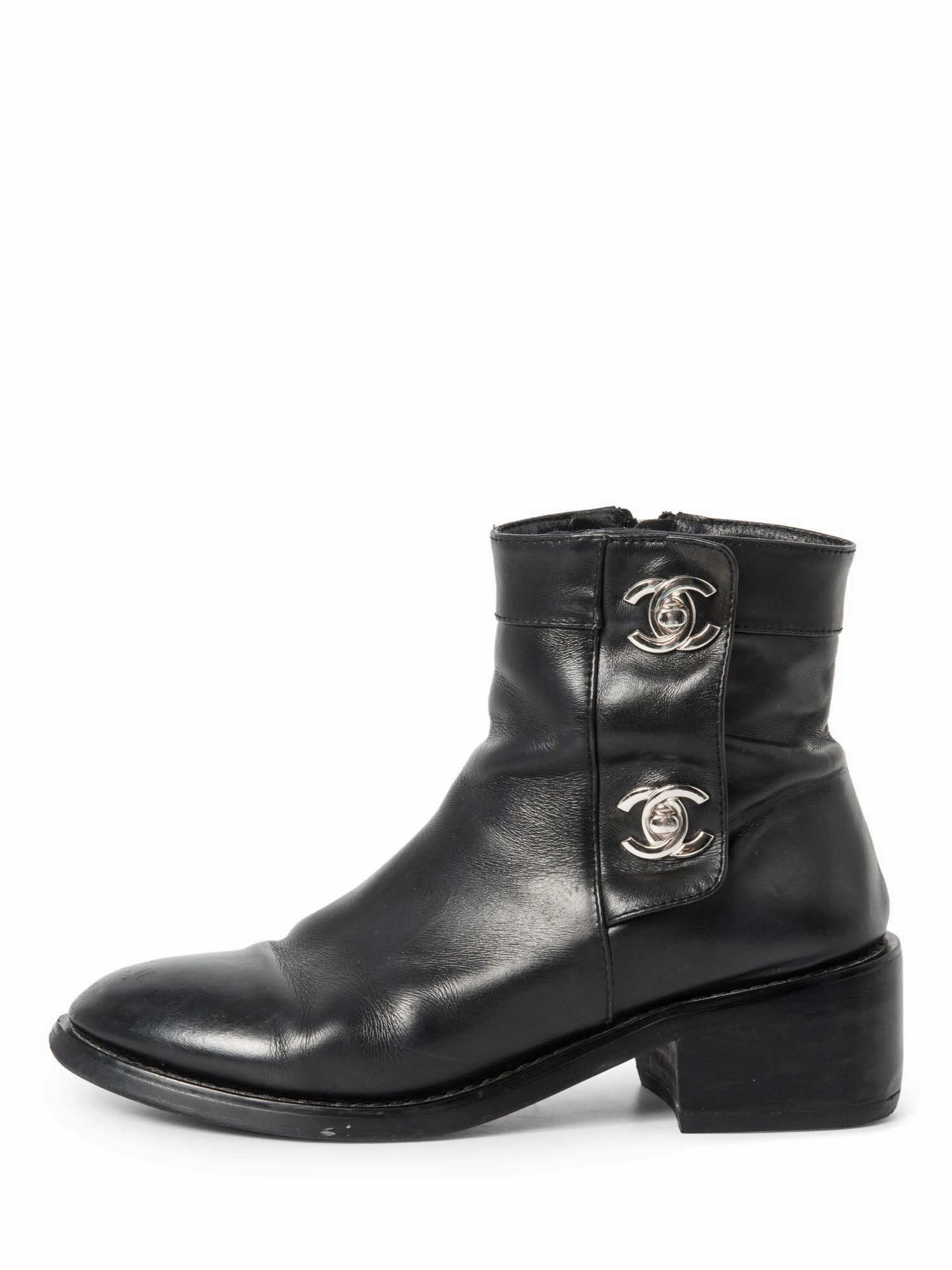Chanel CC Logo Leather Ankle Biker Boots Black Silver Tractor Supply Boots