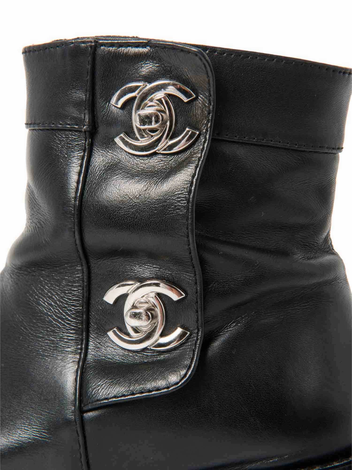 Chanel CC Logo Leather Ankle Biker Boots Black Silver Slip Proof Work Boots