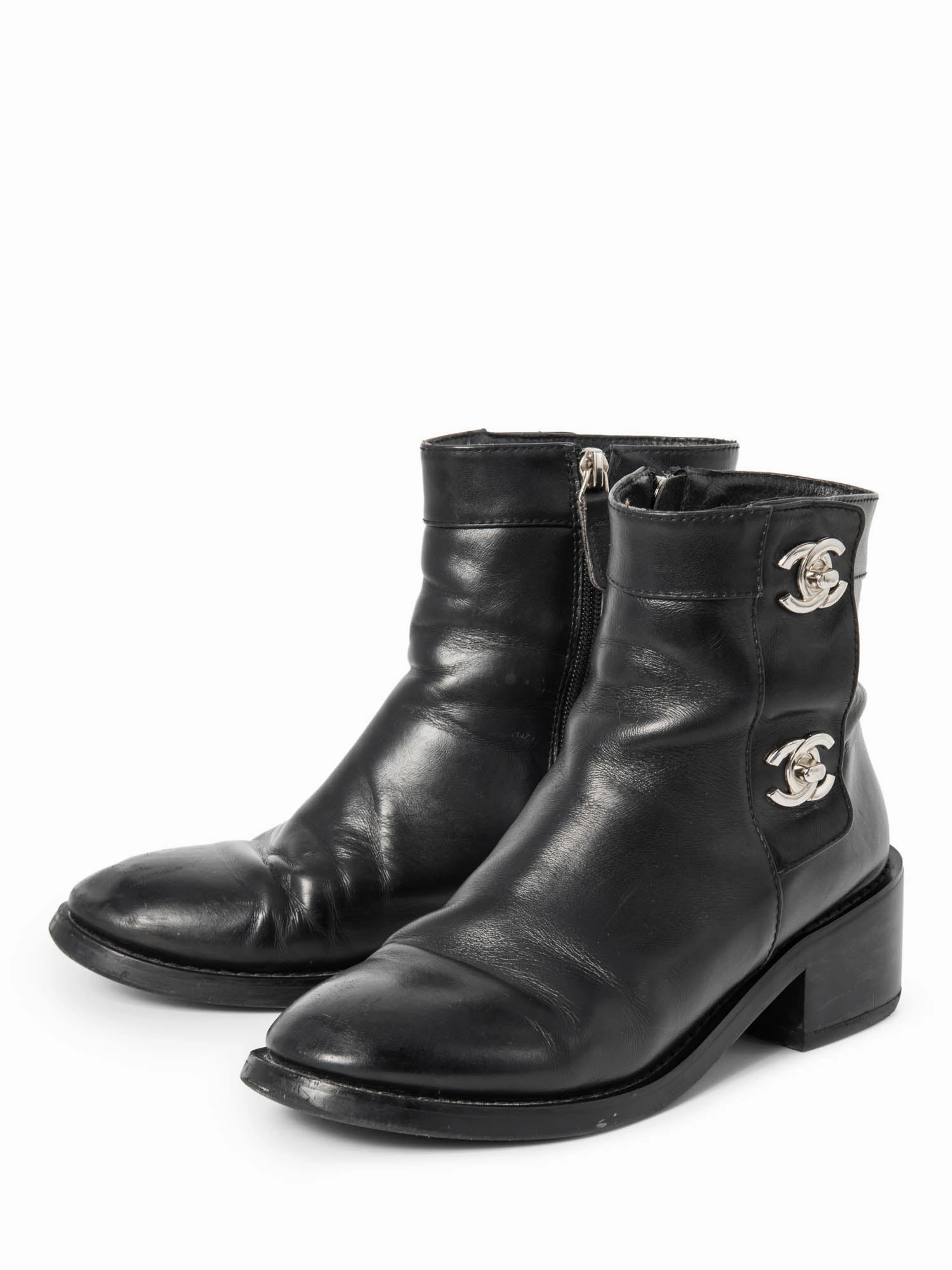Chanel CC Logo Leather Ankle Biker Boots Black Silver Sand In My Boots
