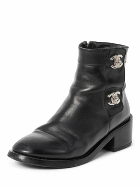 Chanel CC Logo Leather Ankle Biker Boots Black Silver Steel-toe Boots