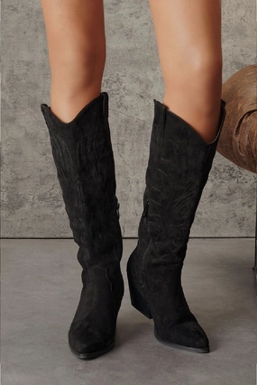 Eddie Bauer Hiking Boots WOMEN'S BLACK EMBROIDERY STITCH DETAIL WESTREN FESTIVAL COWBOY KNEE HIGH BOOTS