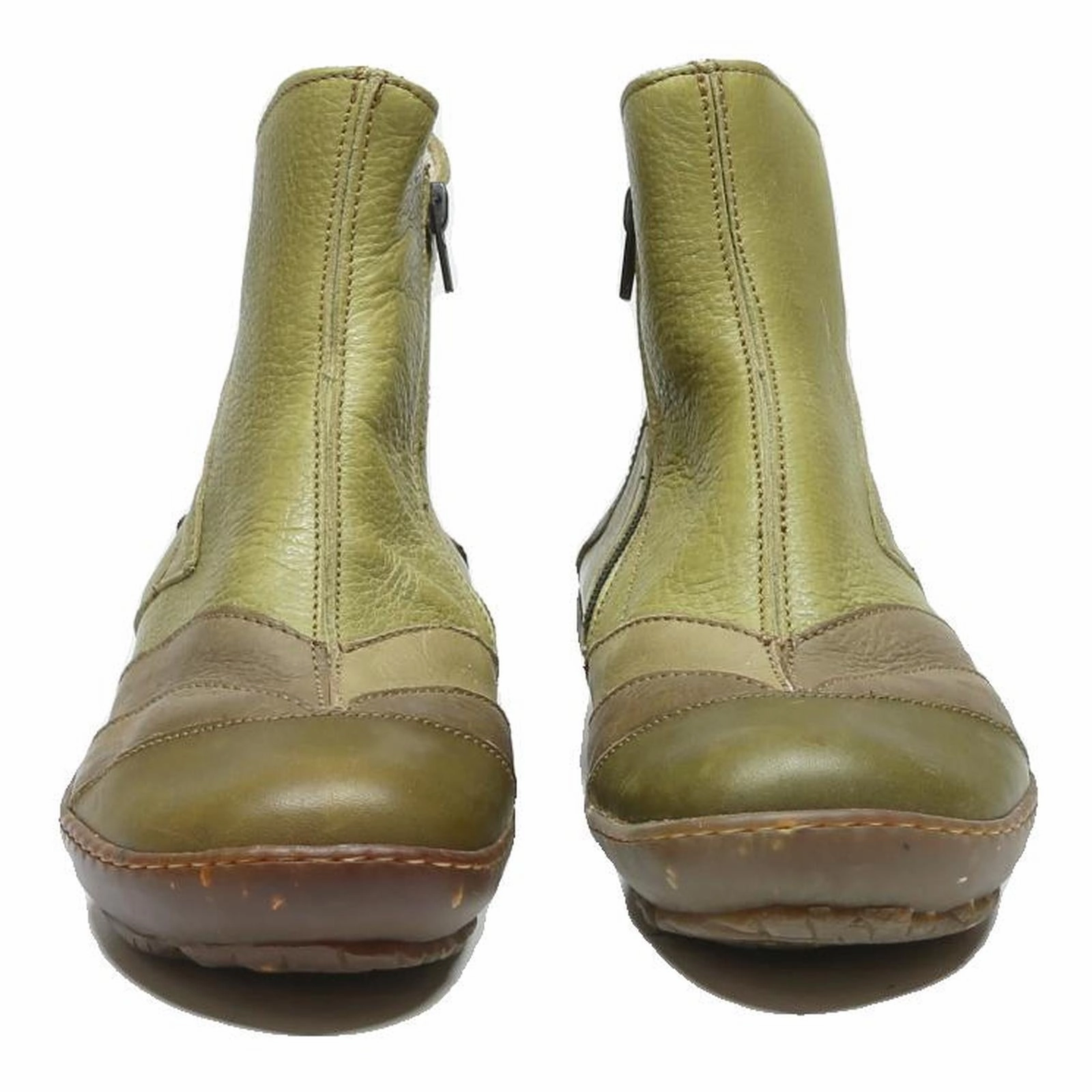 EL NATURA LISTA Womens Ankle Boots Green & Brown Leather UK 3 Comfortable Zip Wide Calf Kitten Heel Boots