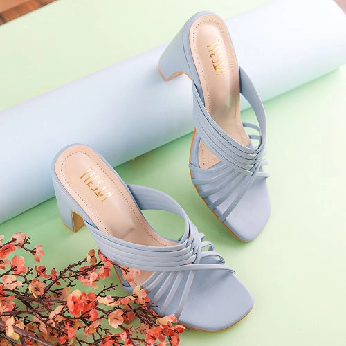 Long Strap High Heels Calm Sky Blue Strappy Block Heels - Her Shades