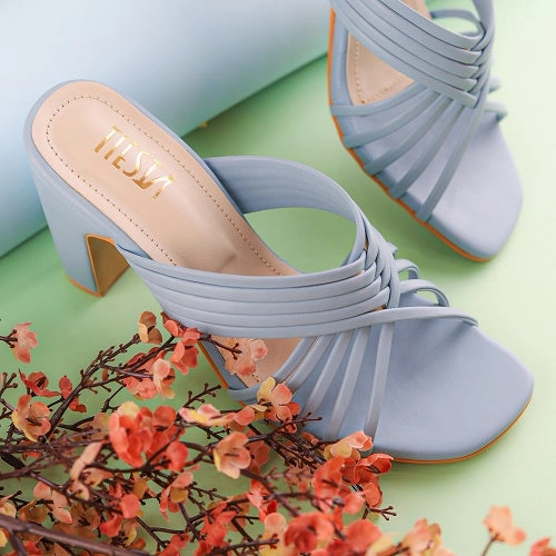Calm Sky Blue Strappy Block Heels - Her Shades Summer High Heel Sandals