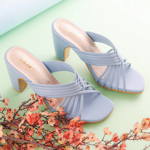 Calm Sky Blue Strappy Block Heels - Her Shades High Heel Savers Grass