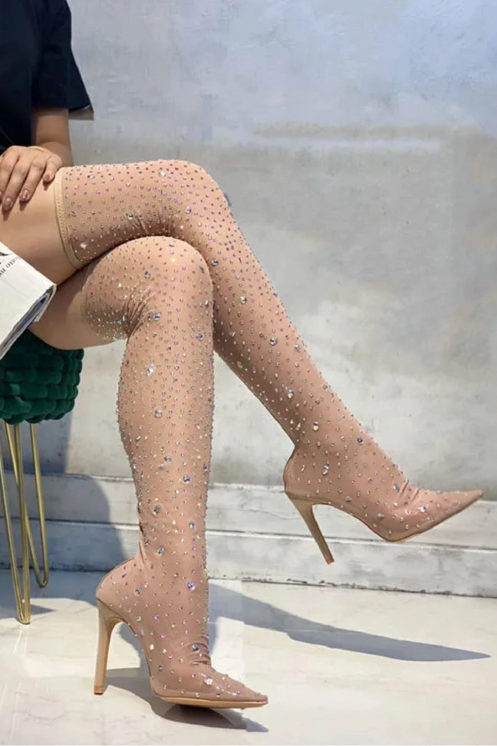 NUDE RHINESTONES KNEE HIGH BOOT Lace Up Western Boots