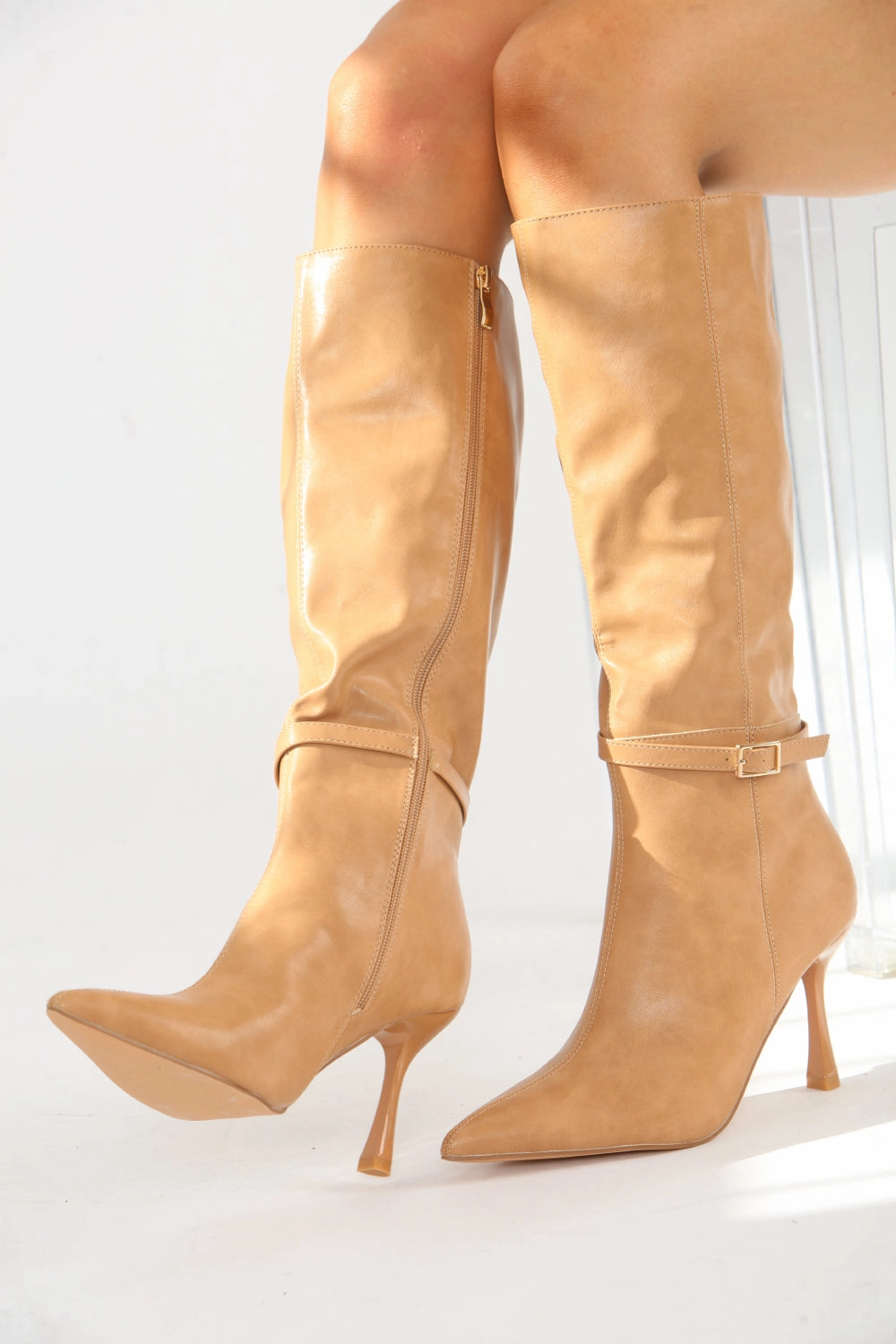 Buckle Detail Stiletto Heel Pointed Toe Knee High Boots In Camel Over The Knee Boots Suede