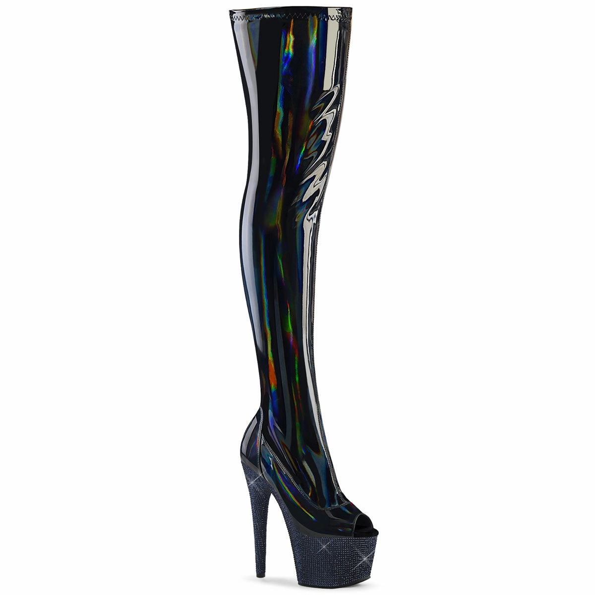 Creeper Knee High Boots 7 Inch Heel BEJEWELED-3011-7 Black Stretch Holo
