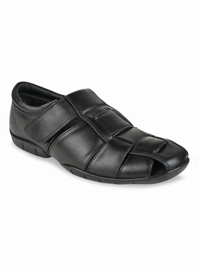 Regal Black Men Woven Leather Slip Ons Sandals With Small Wedge Heel