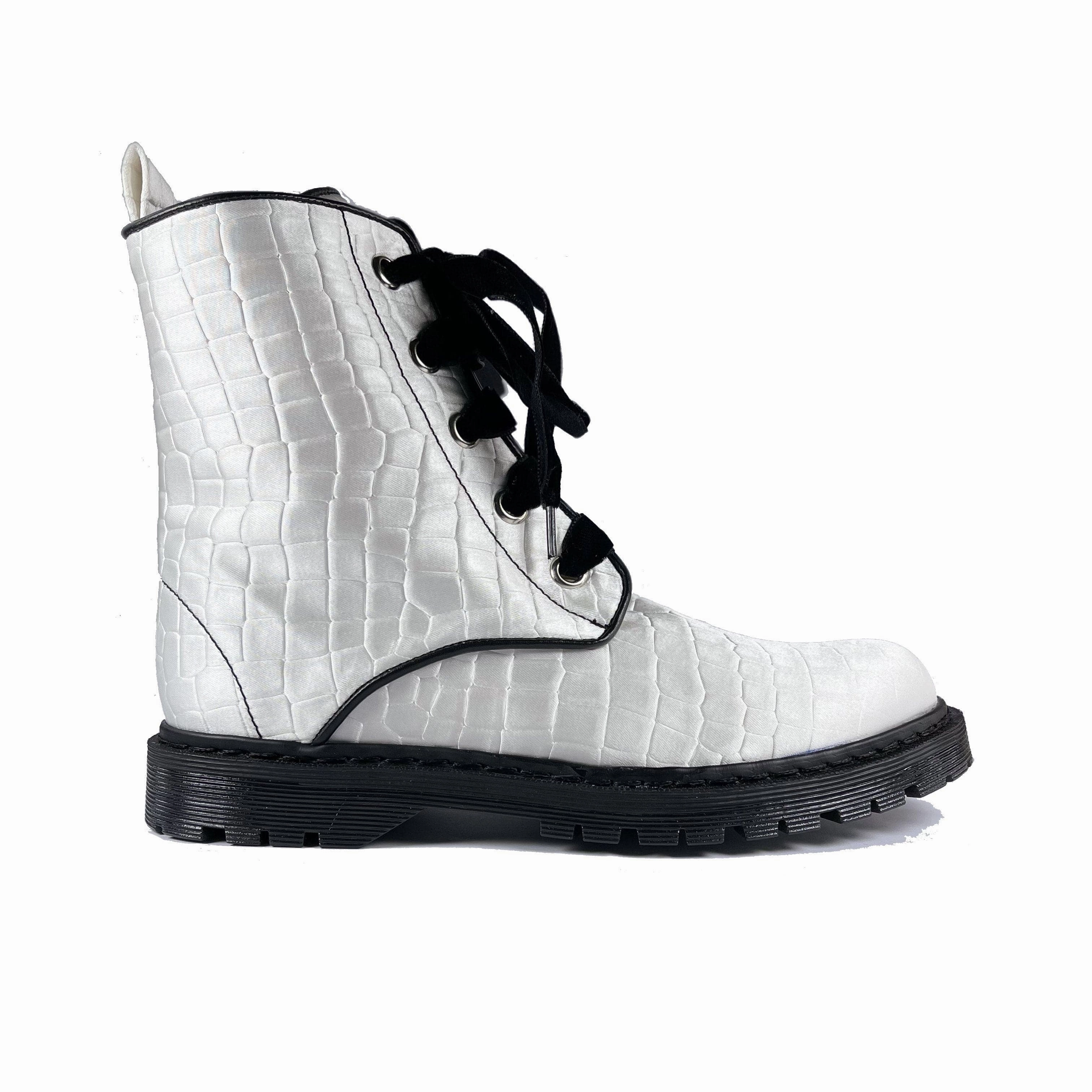 'Billie' vegan combat boot by Zette Shoes - white croc Combat Knee High Boots