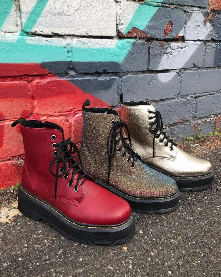 'Quinn' vegan-textile boot with stacked sole by Zette Shoes - multicolour Minimalist Combat Boots