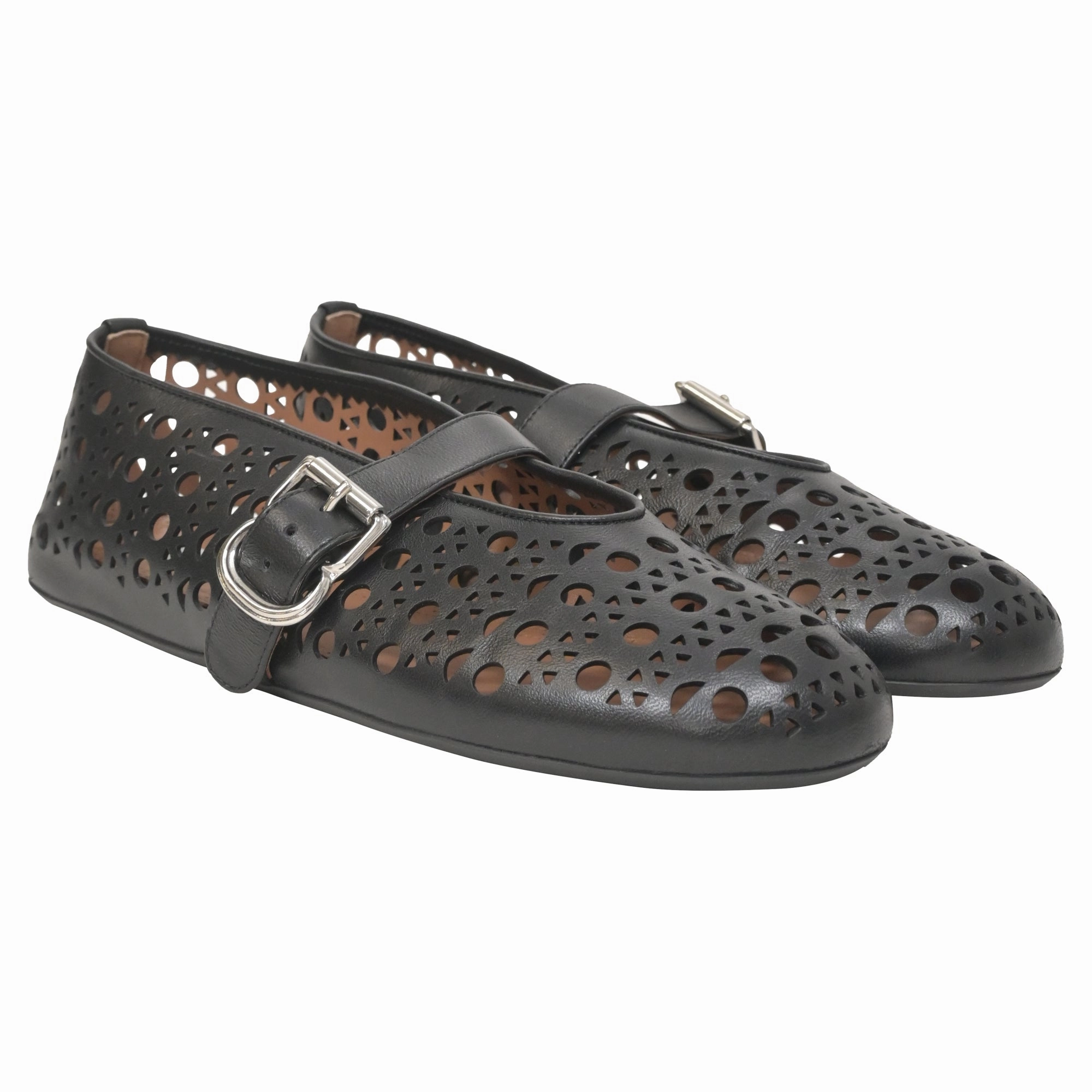 Alaia Laser-Cut Vienne Ballet Flats in Black Leather Elegant Flat Shoes Wedding