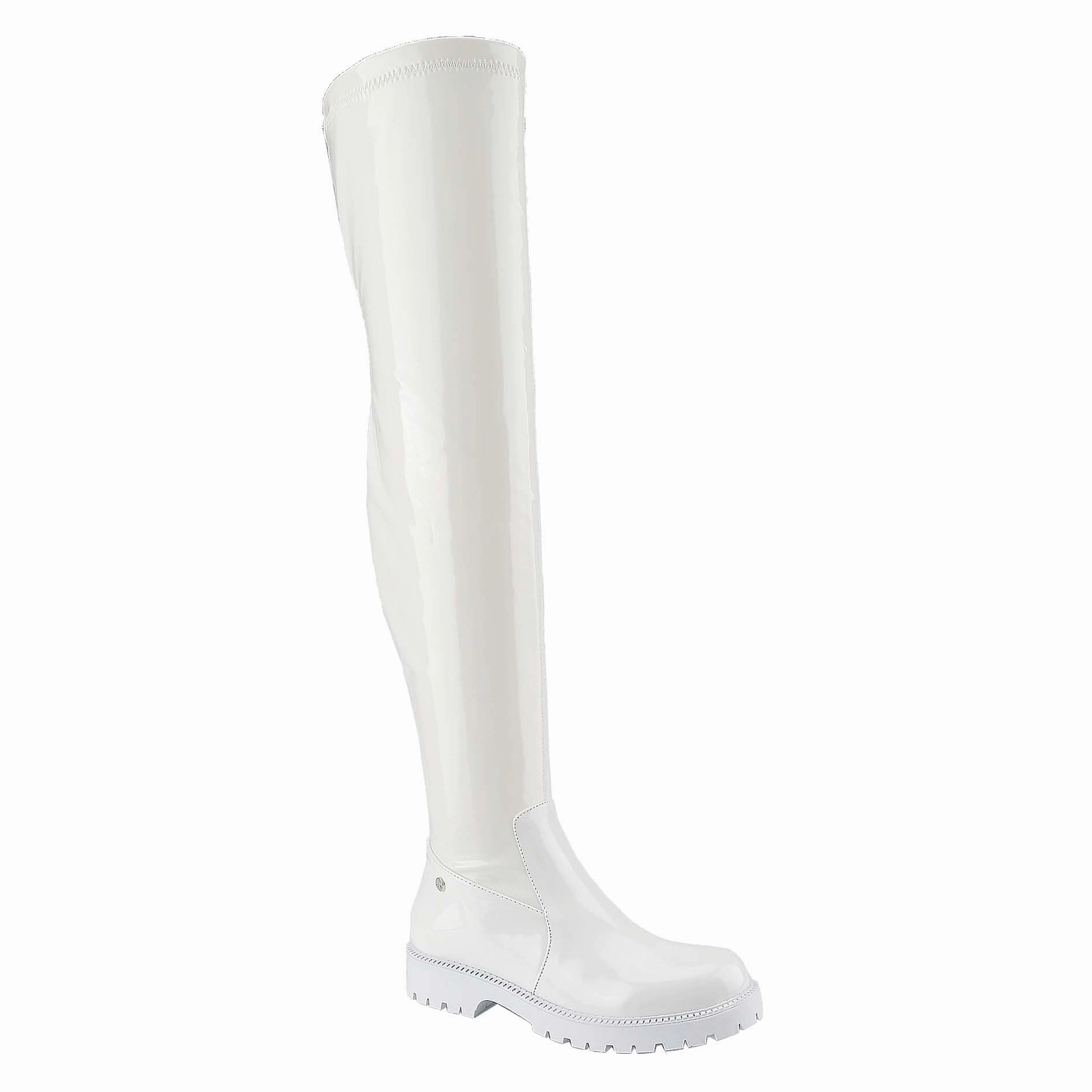 SWIM-2 White Patent Knee High Boots Small Block Heel
