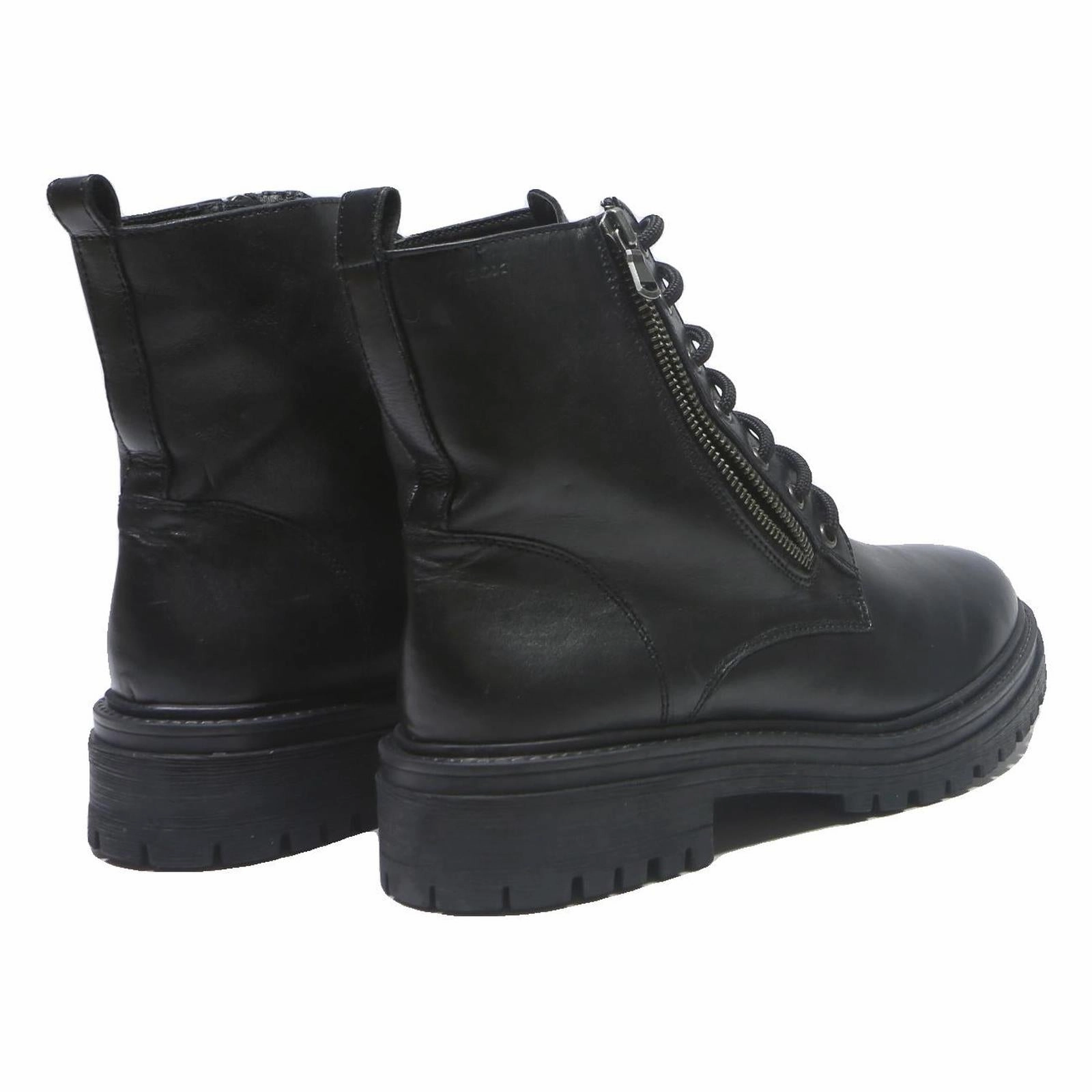 GEOX Womens Lace-Up Combat Boots Leather Black UK 7 Zipper Side Detail Chunky Combat Boots With Cuff