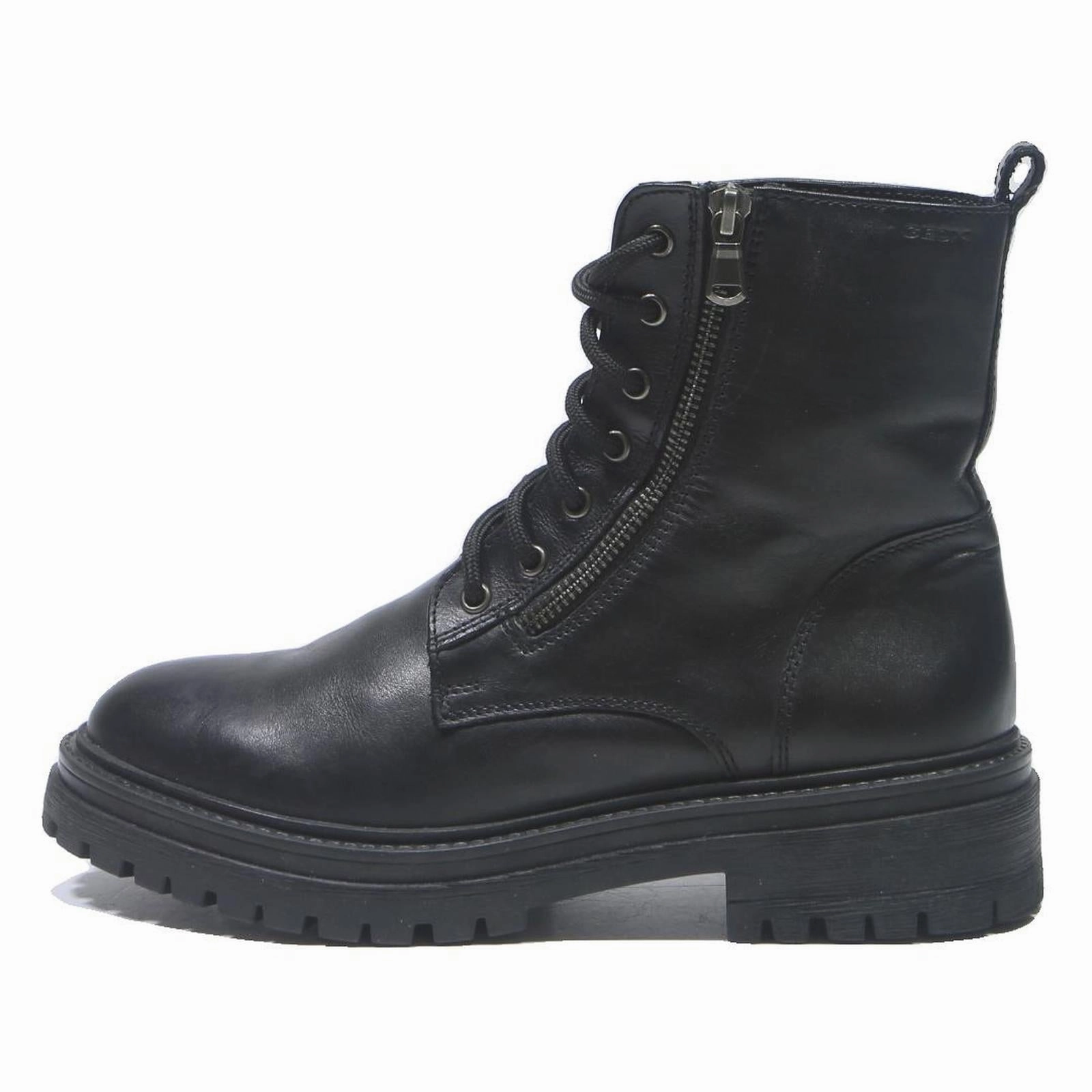 GEOX Womens Lace-Up Combat Boots Leather Black UK 7 Zipper Side Detail Chunky Sparkle Combat Boots - Sparkle Combat Boots
