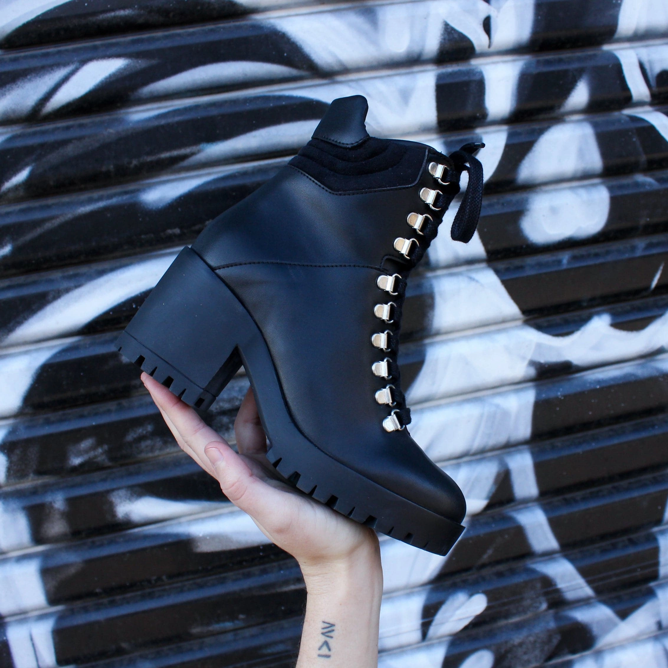 'Pina' vegan-leather lace-up heeled boot for women by Zette Shoes - black Zip Side Combat Boots