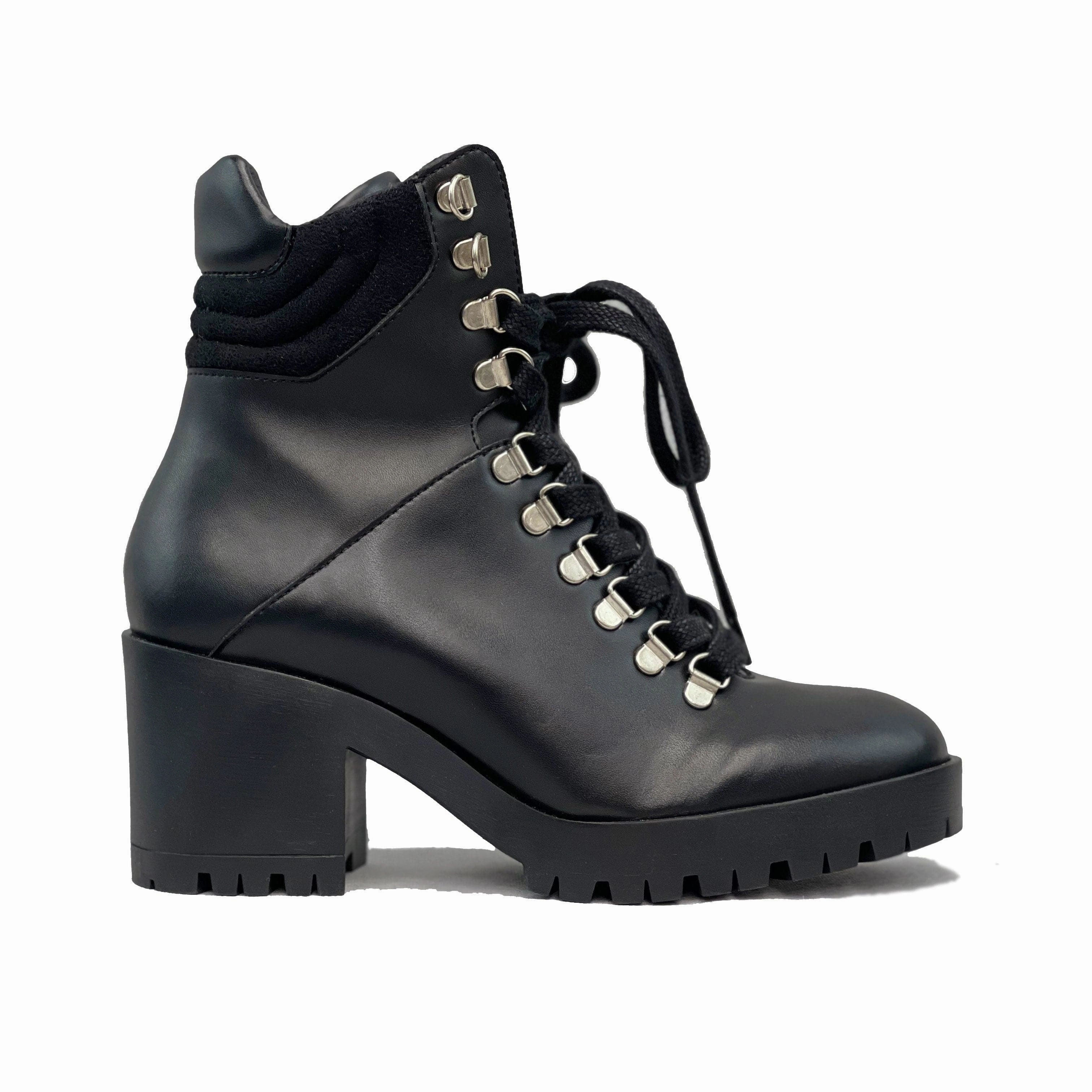 Quilted Combat Boot 'Pina' vegan-leather lace-up heeled boot for women by Zette Shoes - black