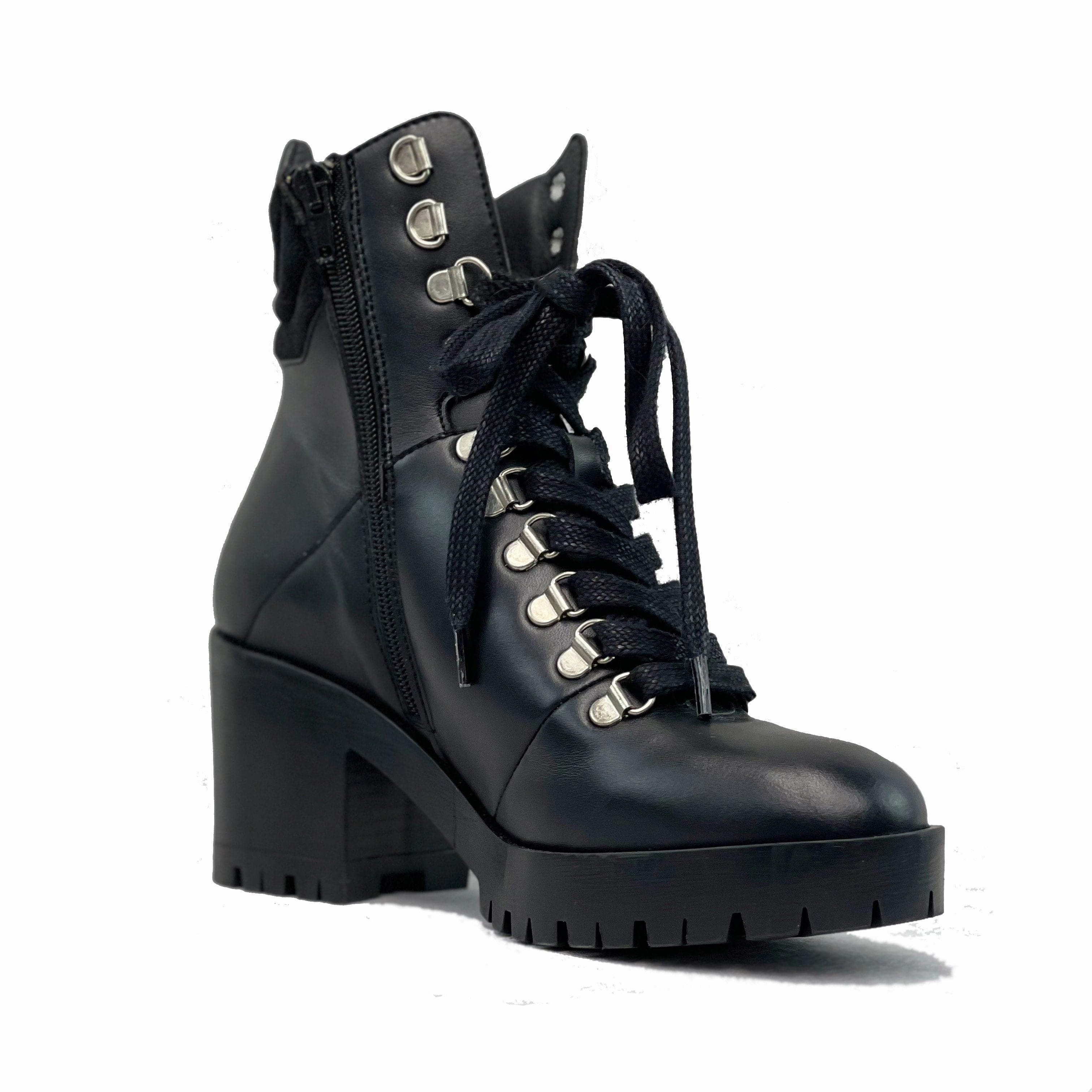 'Pina' vegan-leather lace-up heeled boot for women by Zette Shoes - black Formal Dress With Combat Boots