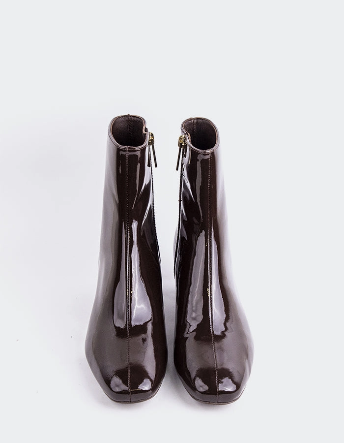 Tenby Brown Patent Small Heel Boots
