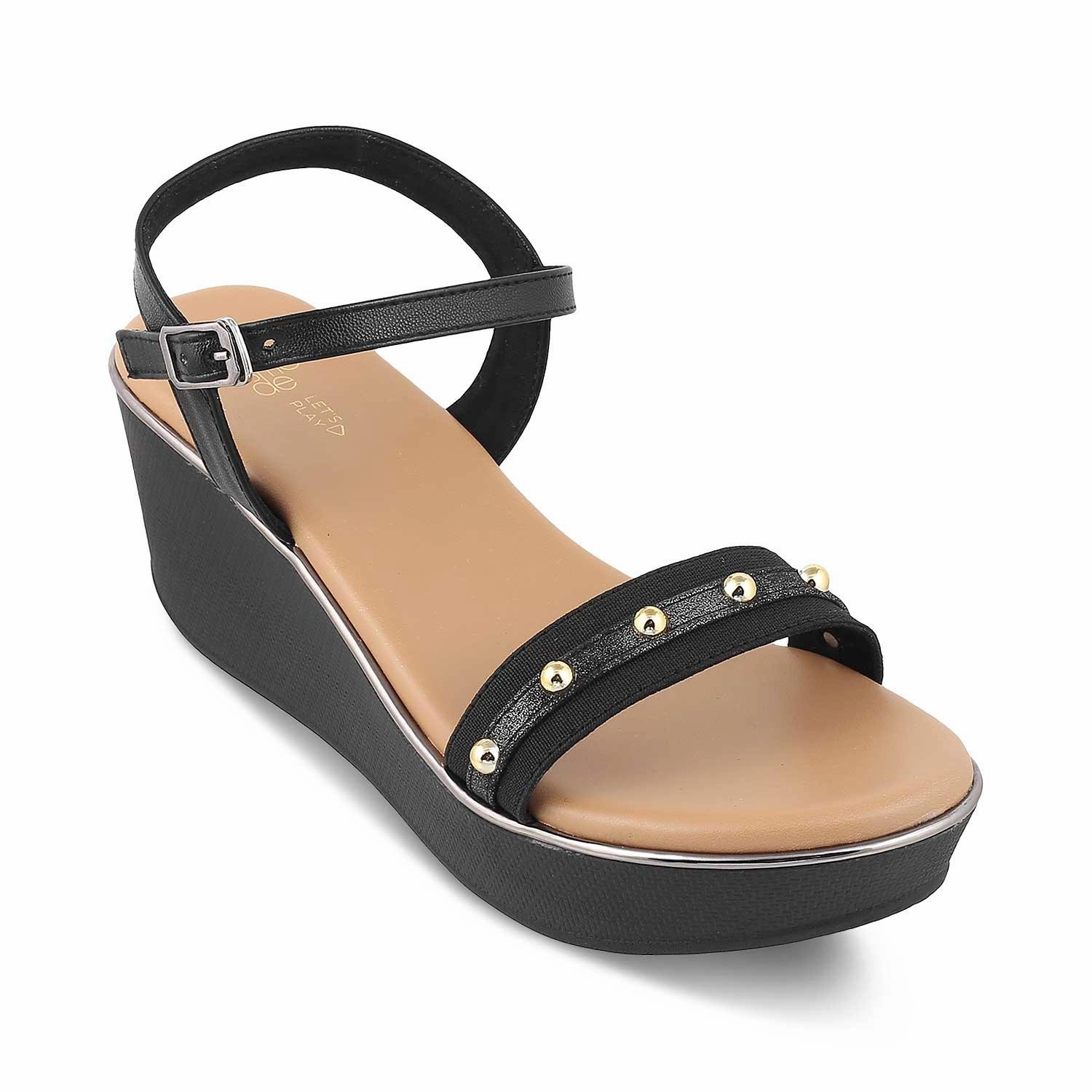 The Conq Black Women's Dress Wedge Sandals Tresmode Plus Size Sandals For Wide Feet