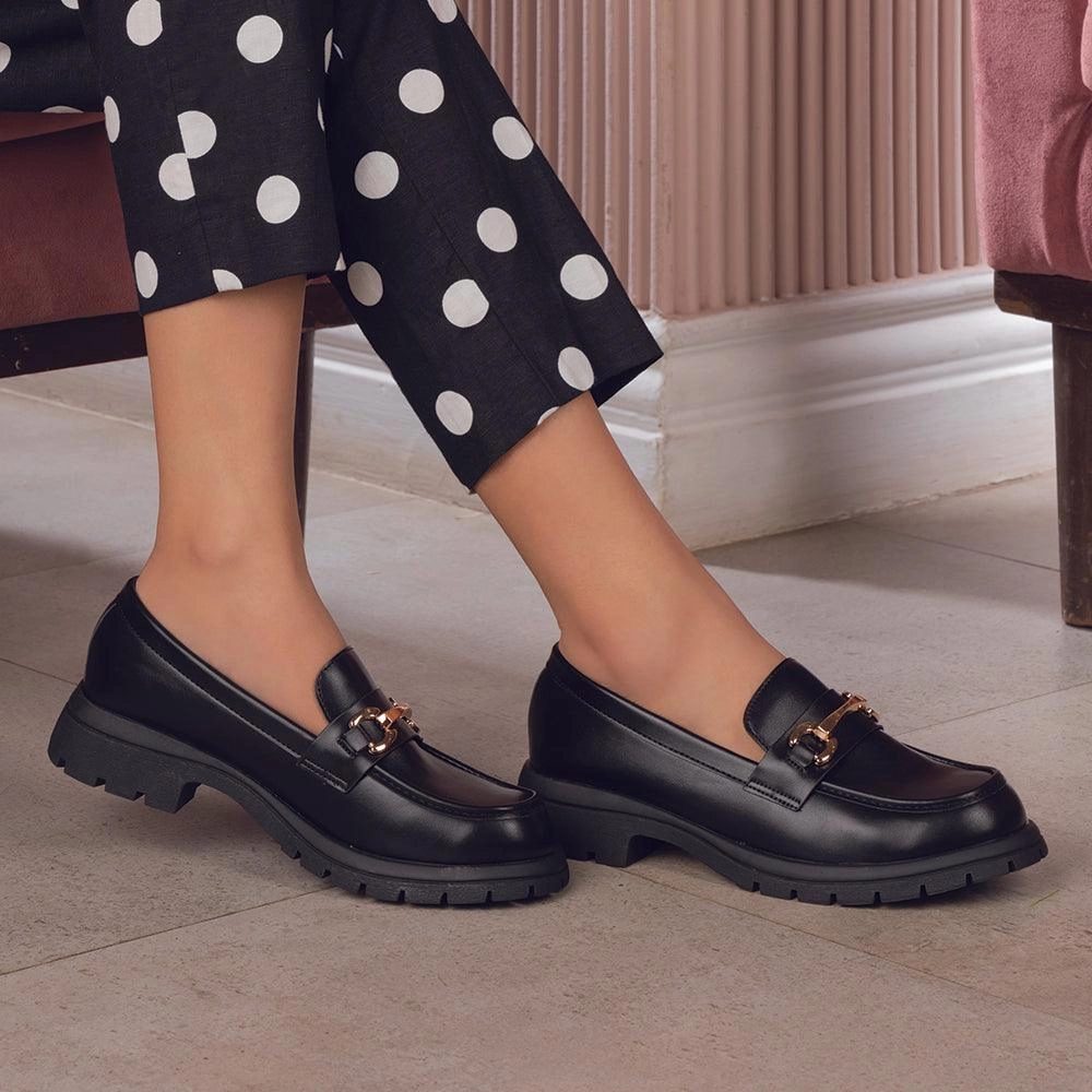 Canvas Slip On Loafers The Helsi Black Women's Dress Chunky Sole Loafers Tresmode