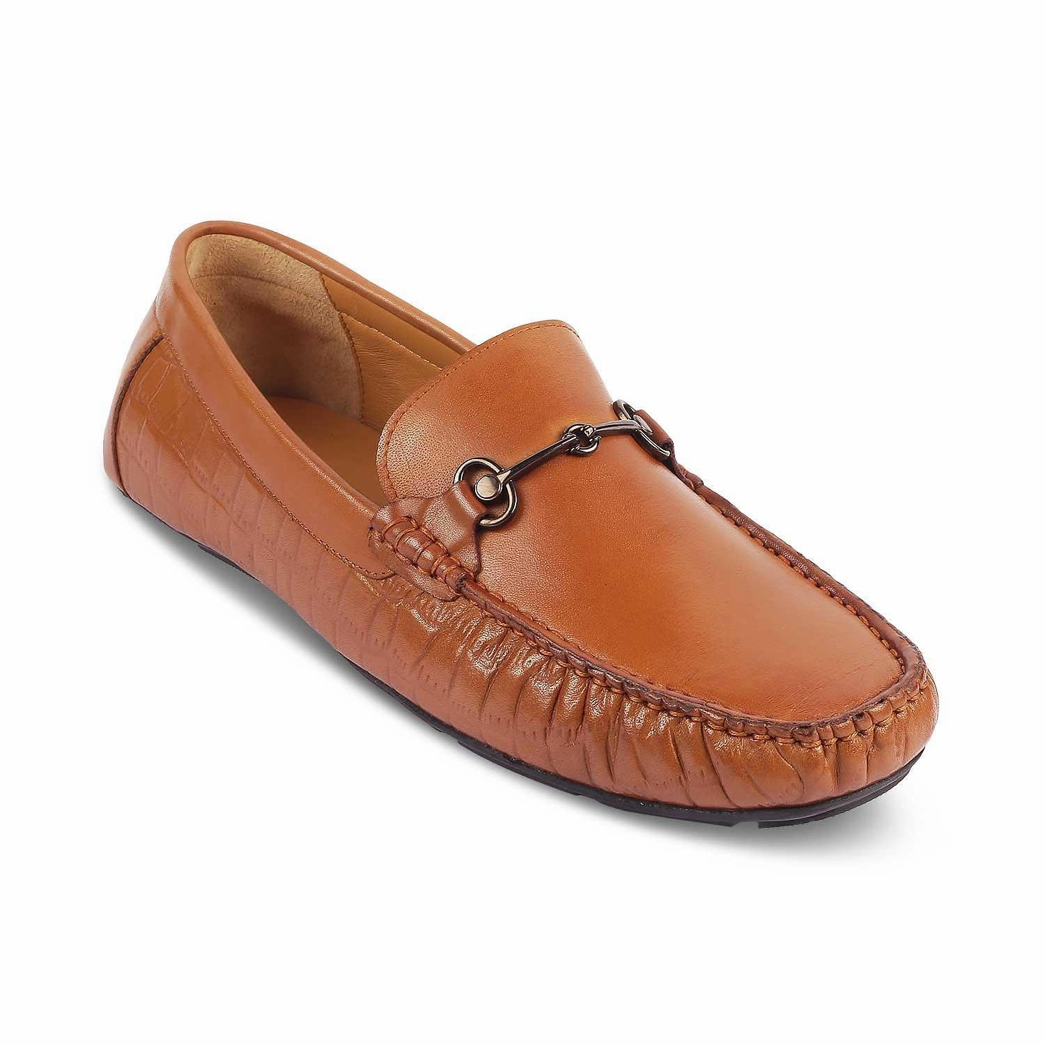 The Port Tan Men's Leather Driving Loafers Tresmode Chunky Heel Penny Loafers