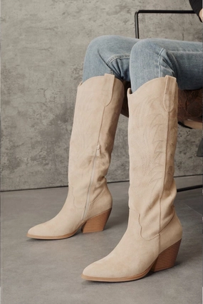 WOMEN'S BEIGE EMBROIDERY STITCH DETAIL WESTREN FESTIVAL COWBOY KNEE HIGH BOOTS Cole Haan Winter Boots