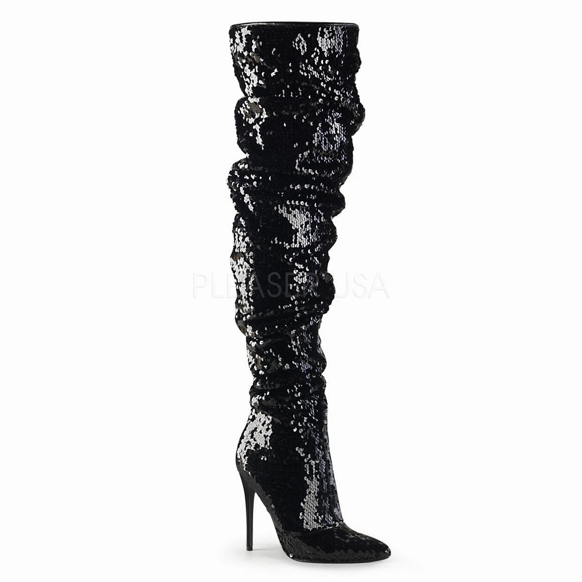 Heeled Knee High Boots Wide Calf 5" Heel Ruched Sequins Knee Boot (COURTLY-3011)