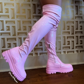 Velvet Knee High Boots CITY-2 Pink Patent