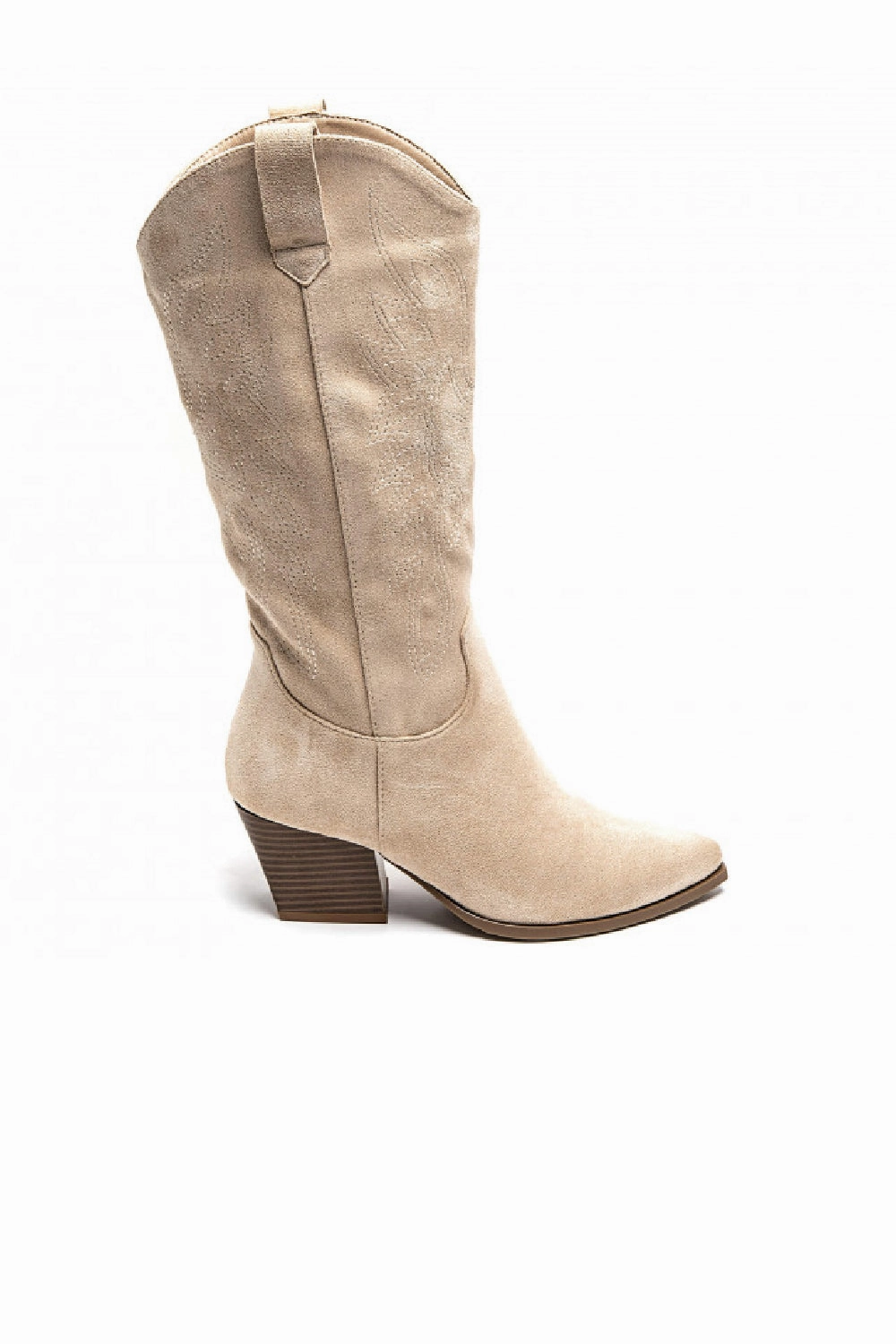 WESTERN COWBOY KNEE HIGH BLOCK HEEL BOOTS IN BEIGE Leather Knee High Boots Heel