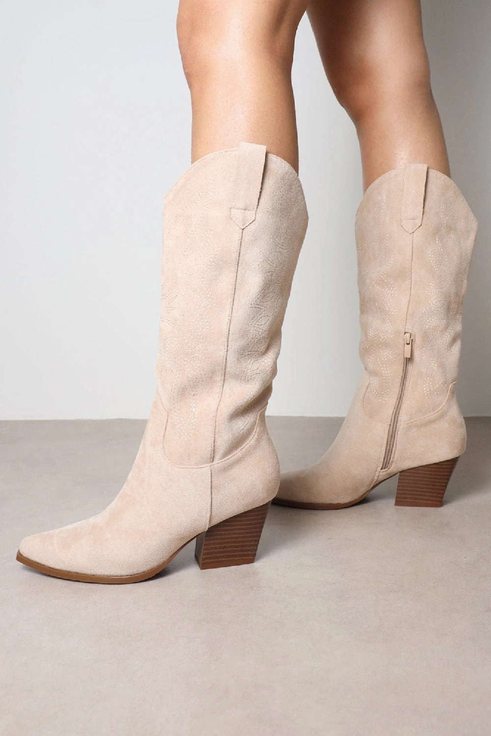 Foldover Knee High Boots WESTERN COWBOY KNEE HIGH BLOCK HEEL BOOTS IN BEIGE