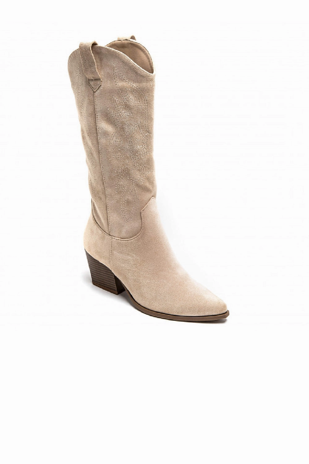 Pull Knee High Boots WESTERN COWBOY KNEE HIGH BLOCK HEEL BOOTS IN BEIGE