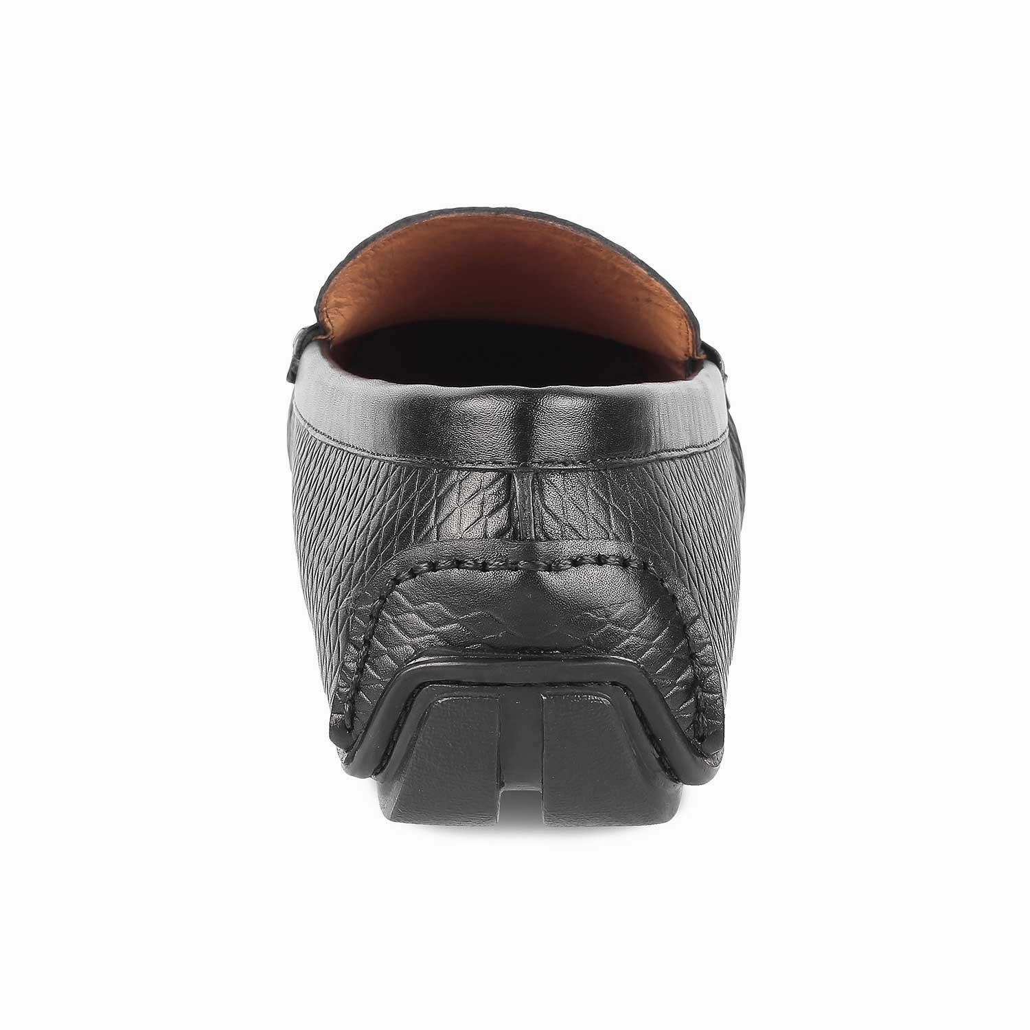 Tresmode Ferro Black Men's Textured Leather Driving Loafers Healed Loafers