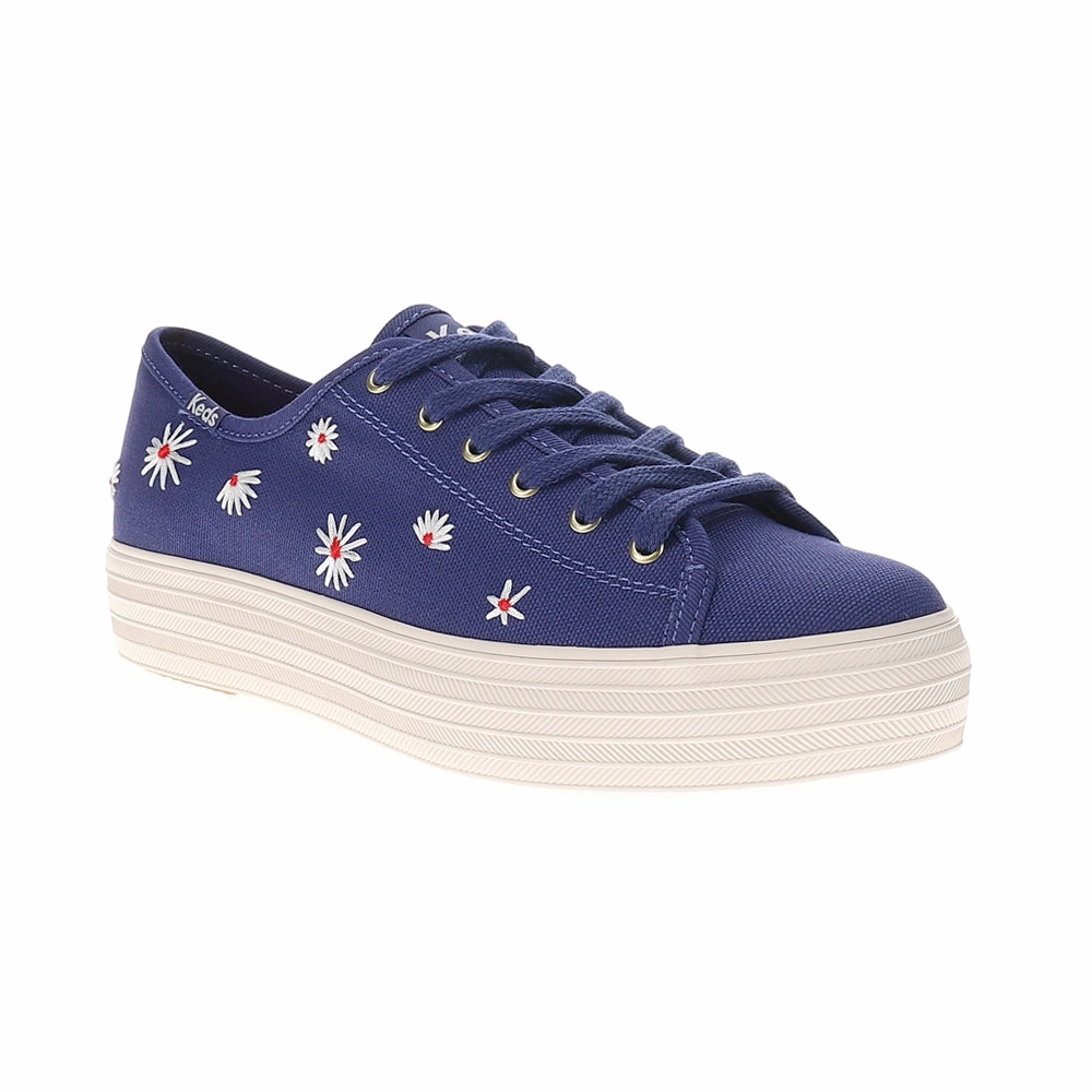 Tennis Shoes Casual Triple Kick Canvas Daisy Embroidery Lace Up Sneakers