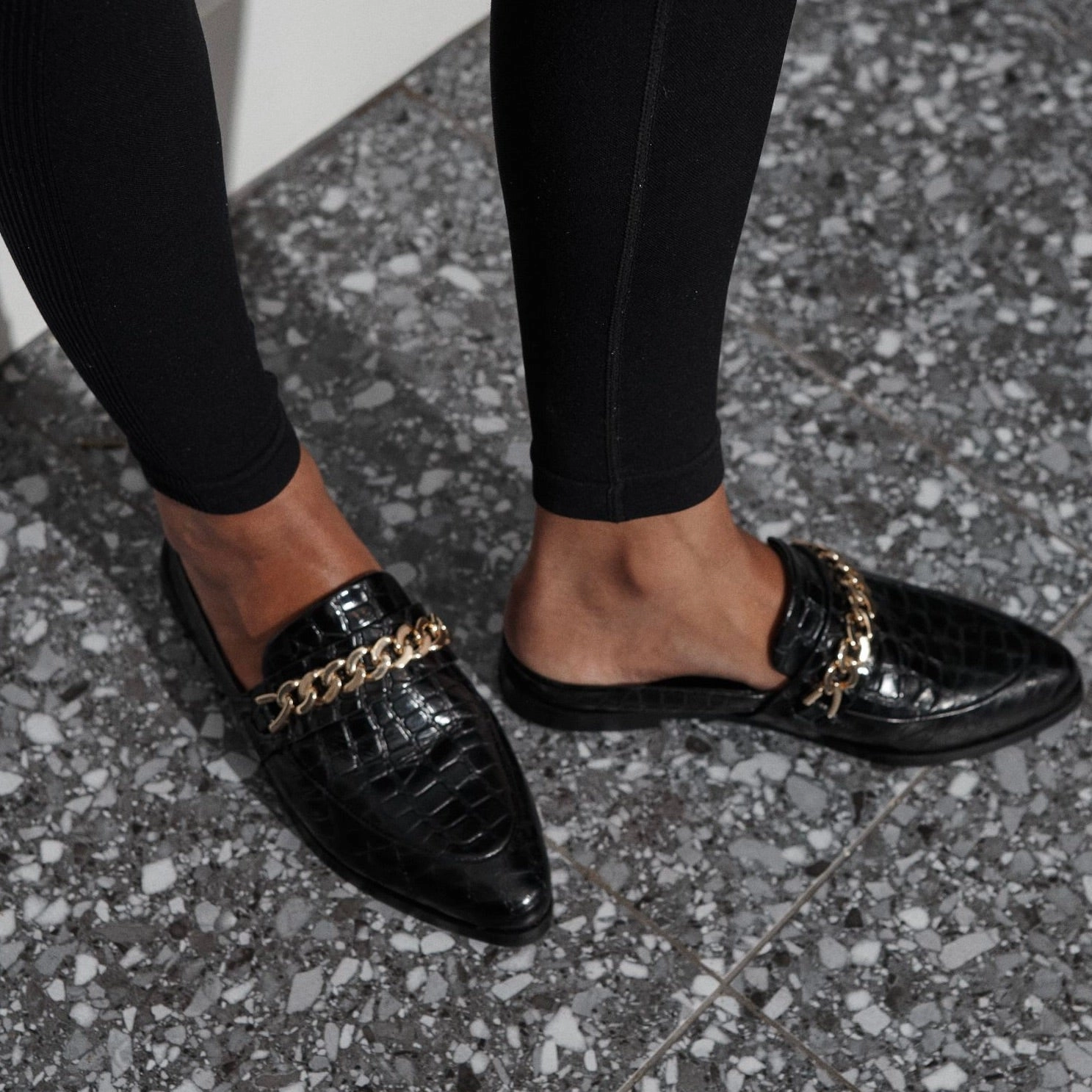 Tuesday Chain Slide Black Croc/Gold Alpaca Gripper Slippers