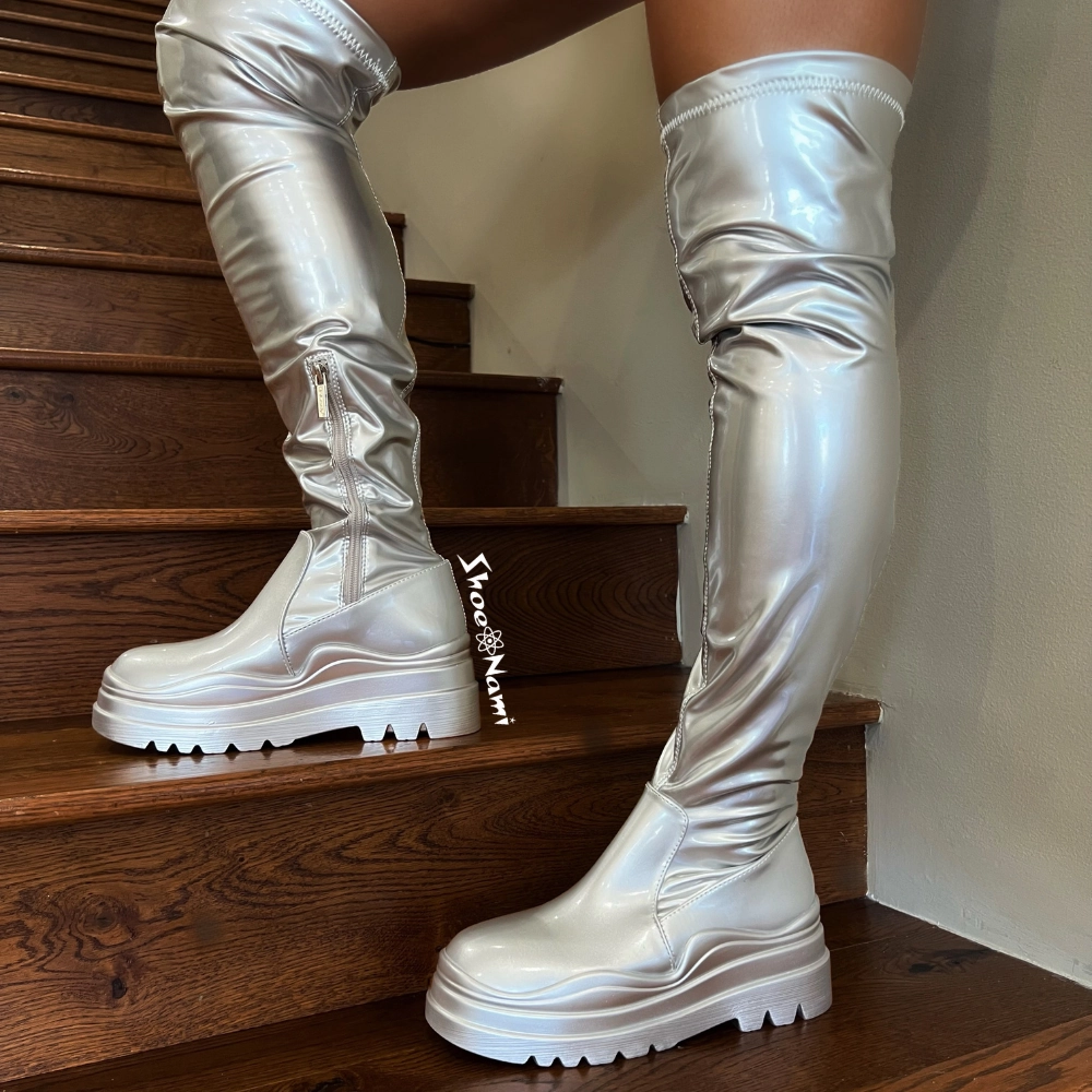 CITY-2 Silver Knee High Boots With Small Heel