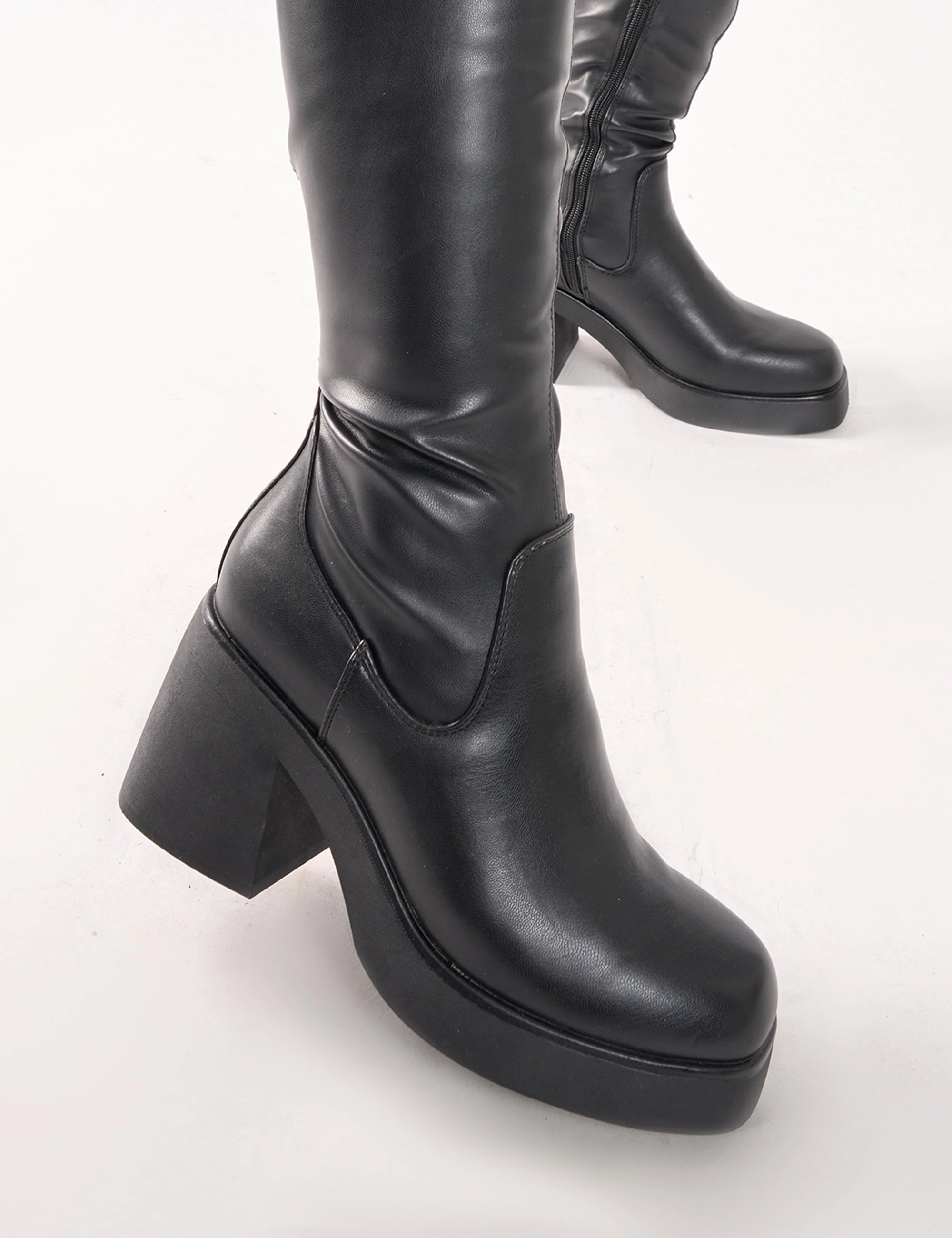 Waterproof Knee High Boot Sensored Black Chunky Sole Sock Over the Knee Boots