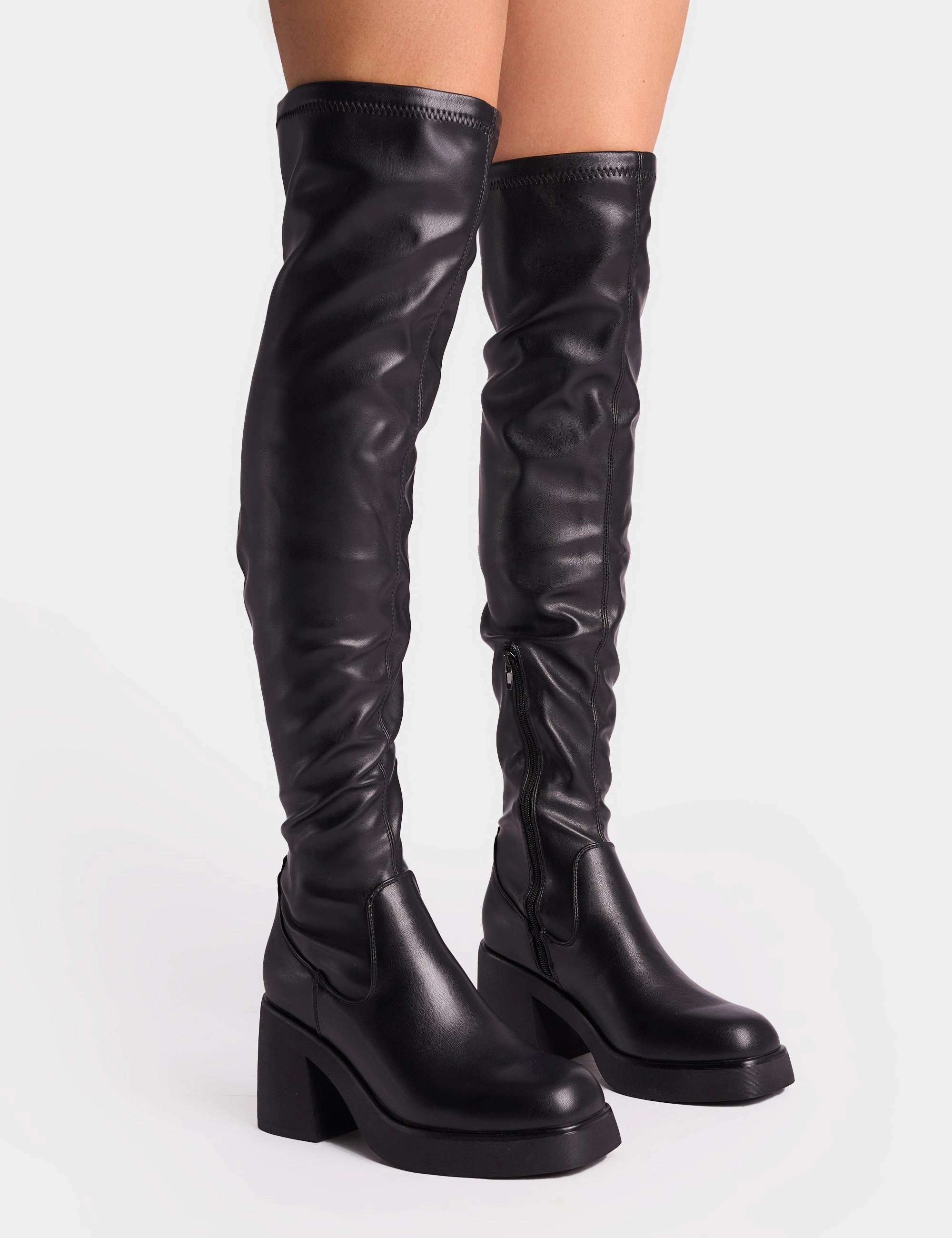 Faux Suede Riding Knee-high Boots Sensored Black Chunky Sole Sock Over the Knee Boots