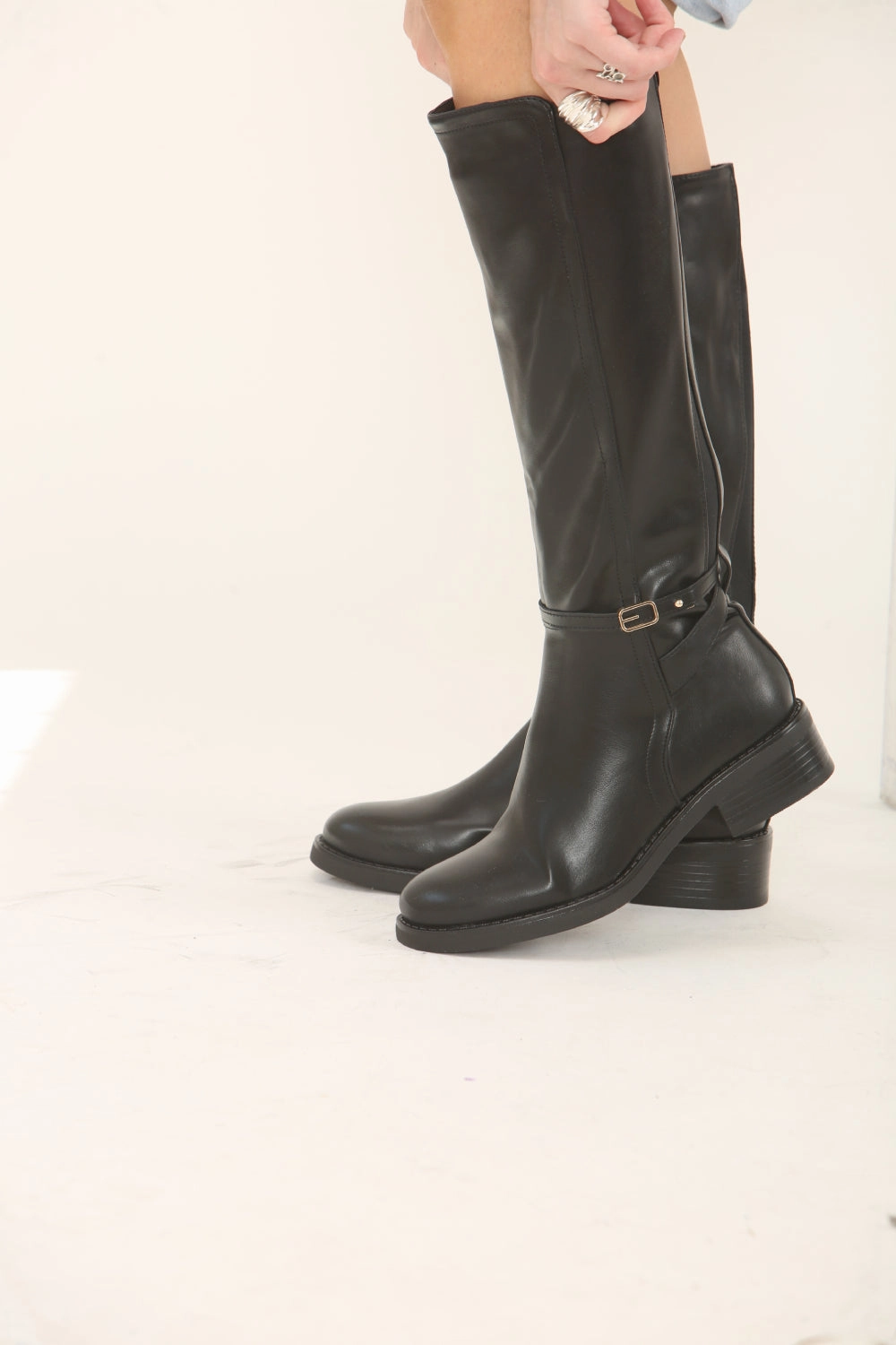 BLACK PU KNEE HIGH ELASTICATED STRETCH BOOT (PACK B) Peep Toe Leather Knee High Boots