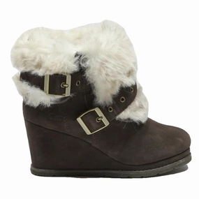 Felt Wading Boots CAT Womens Wedge Ankle Boots Brown Leather UK 3 Fur Trim Buckle Detail