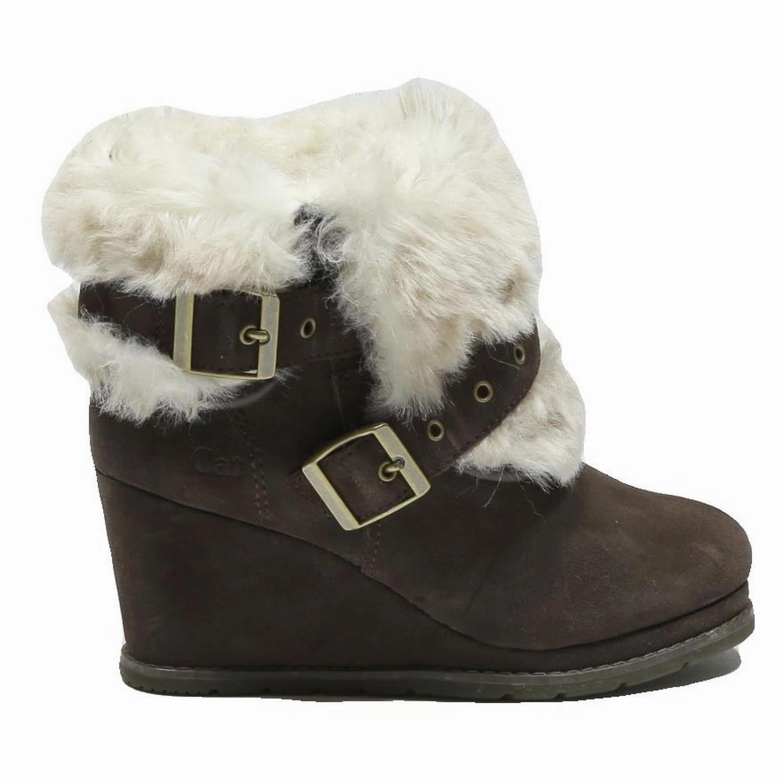 CAT Womens Wedge Ankle Boots Brown Leather UK 3 Fur Trim Buckle Detail Taupe Boots